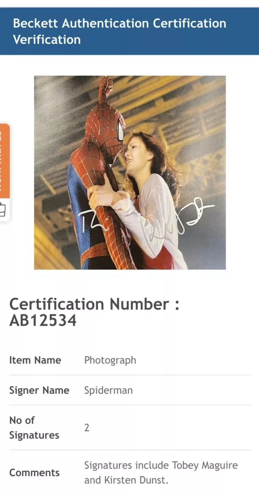 Tobey Maguire x Kirsten Dunst — RARE! TOBEY MAGUIRE & KIRSTEN DUNST SIGNED 11x14 SPIDERMAN PHOTO BECKETT AB12534, изображение 2