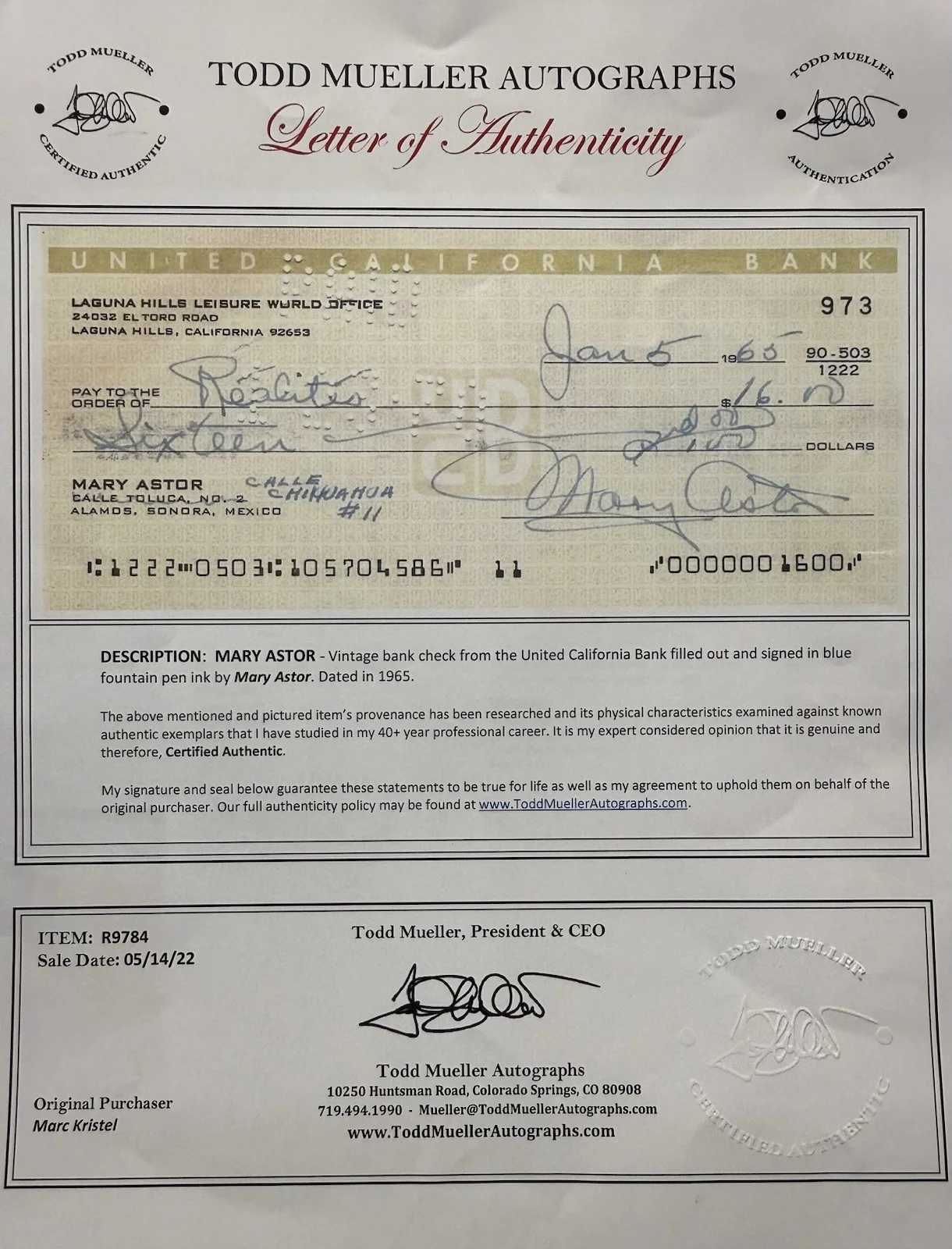 Mary Astor Signed Bank Check -Maltese Falcon Actress, image 2