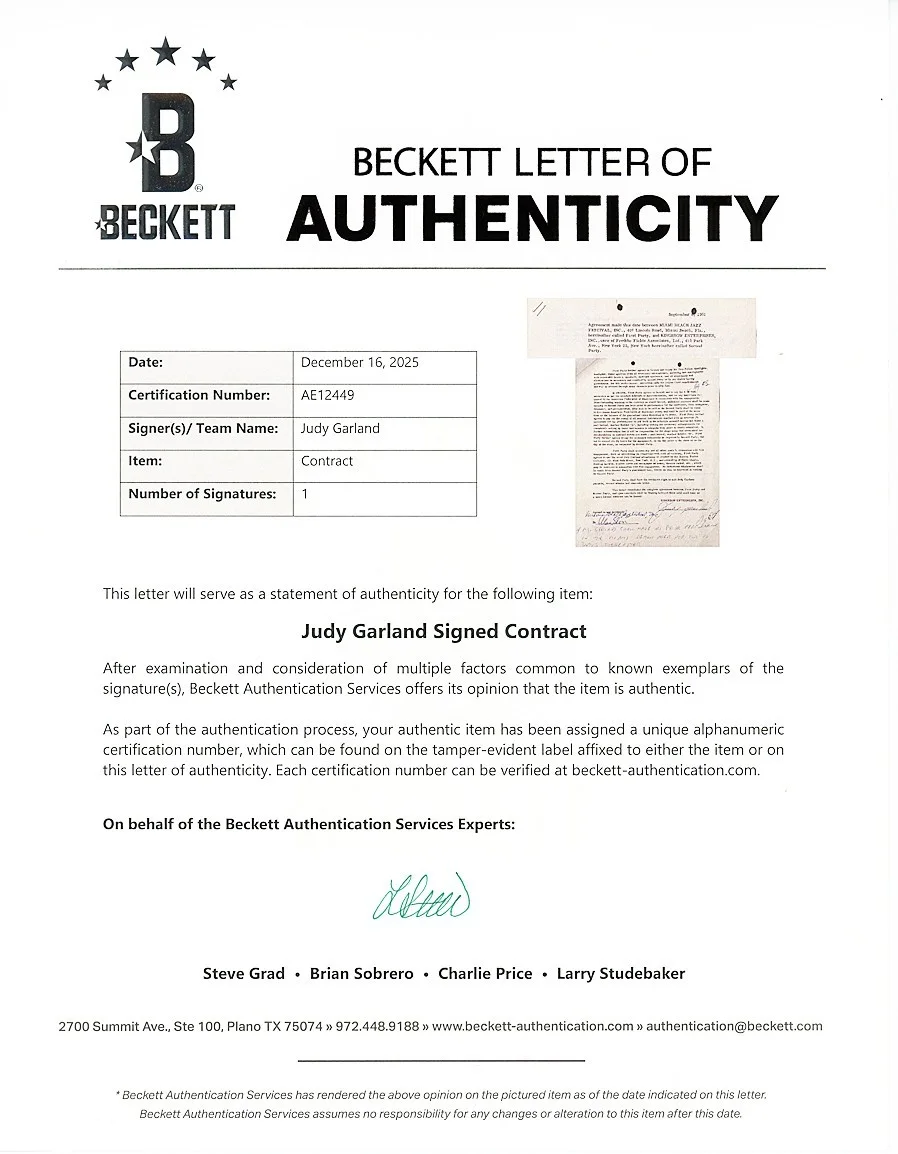 Judy Garland — WIZARD of OZ -JUDY GARLAND- BECKETT BAS Signed/Autograph/Auto Contract