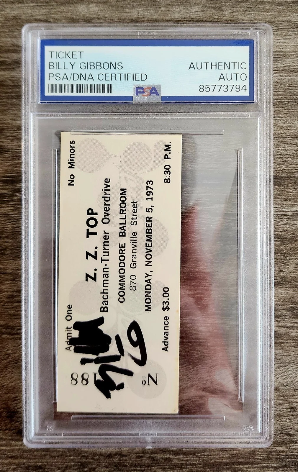 Billy Gibbons Signed ZZ Top Concert Ticket 11/5/73 Vancouver Slabbed Auto PSA, image 2