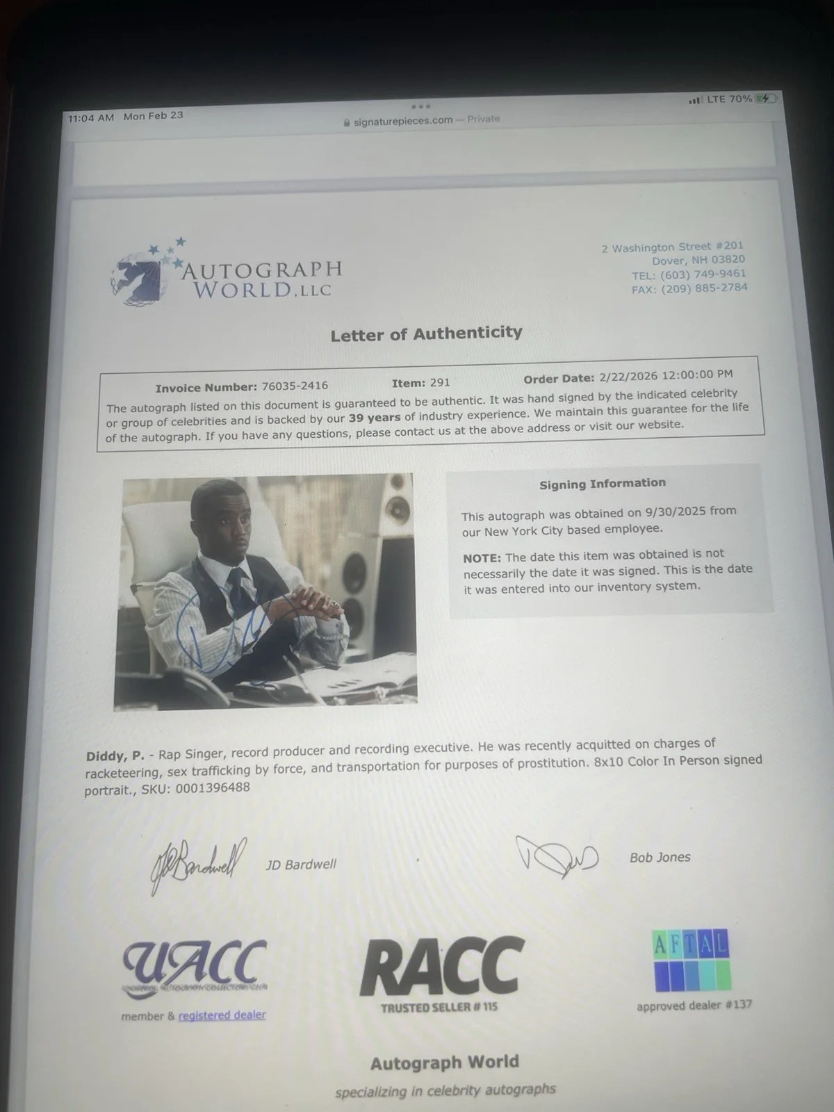 P. DIDDY RAP MOGUL SIGNED AUTHENTIC 8x10 PHOTO w/COA BAD BOY RECORD Rare, изображение 2