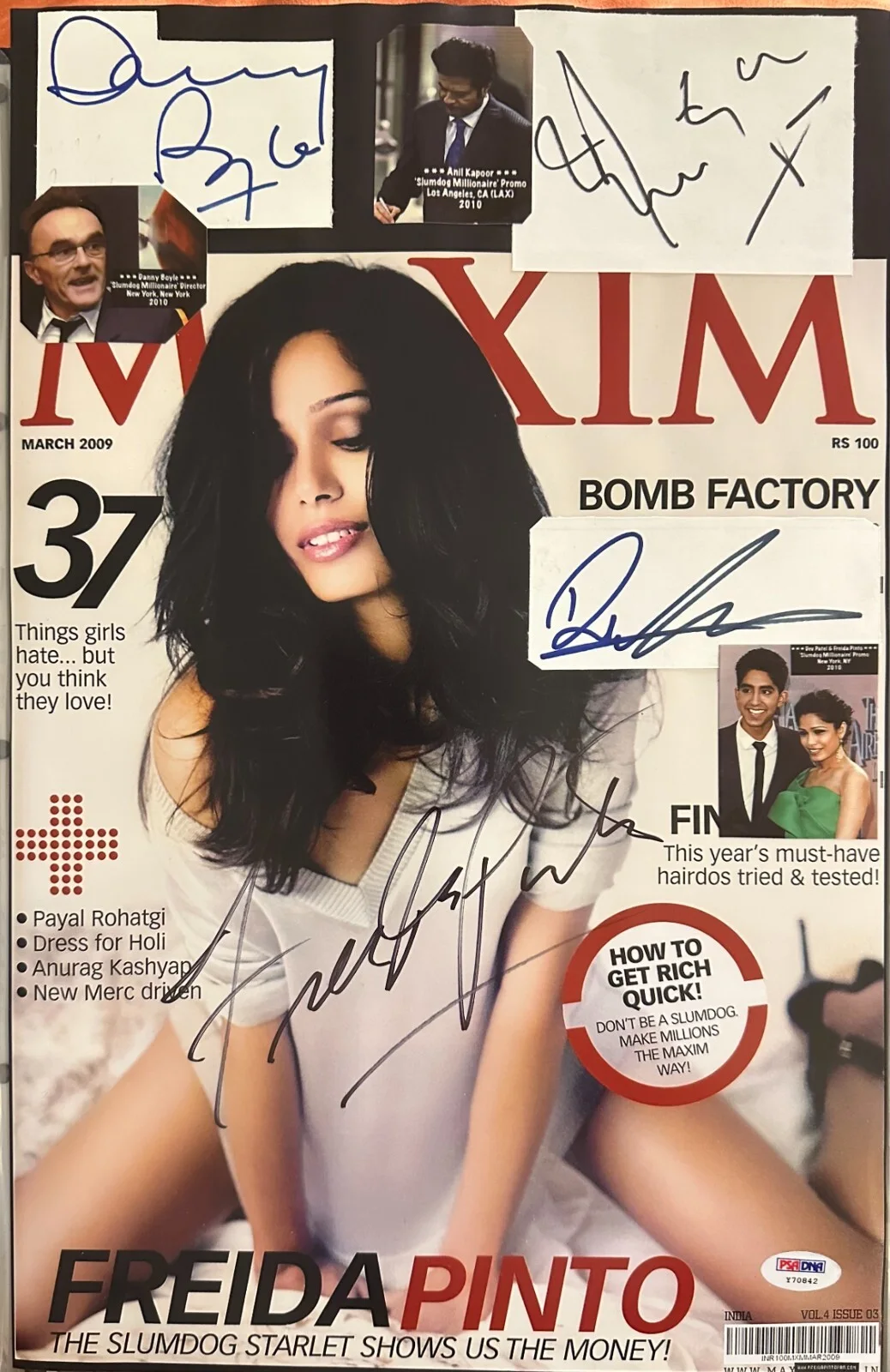 Freida Pinto — DEV PATEL DANNY BOYLE PINTO KAPOOR SIGNED PHOTO SLUMDOG MILLIONAIRE INDIAN MOVIE
