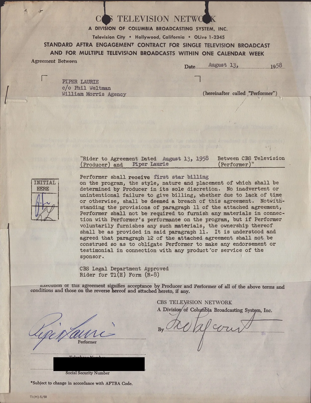 Piper Laurie — PIPER LAURIE - DOCUMENT SIGNED 08/13/1958, image 2