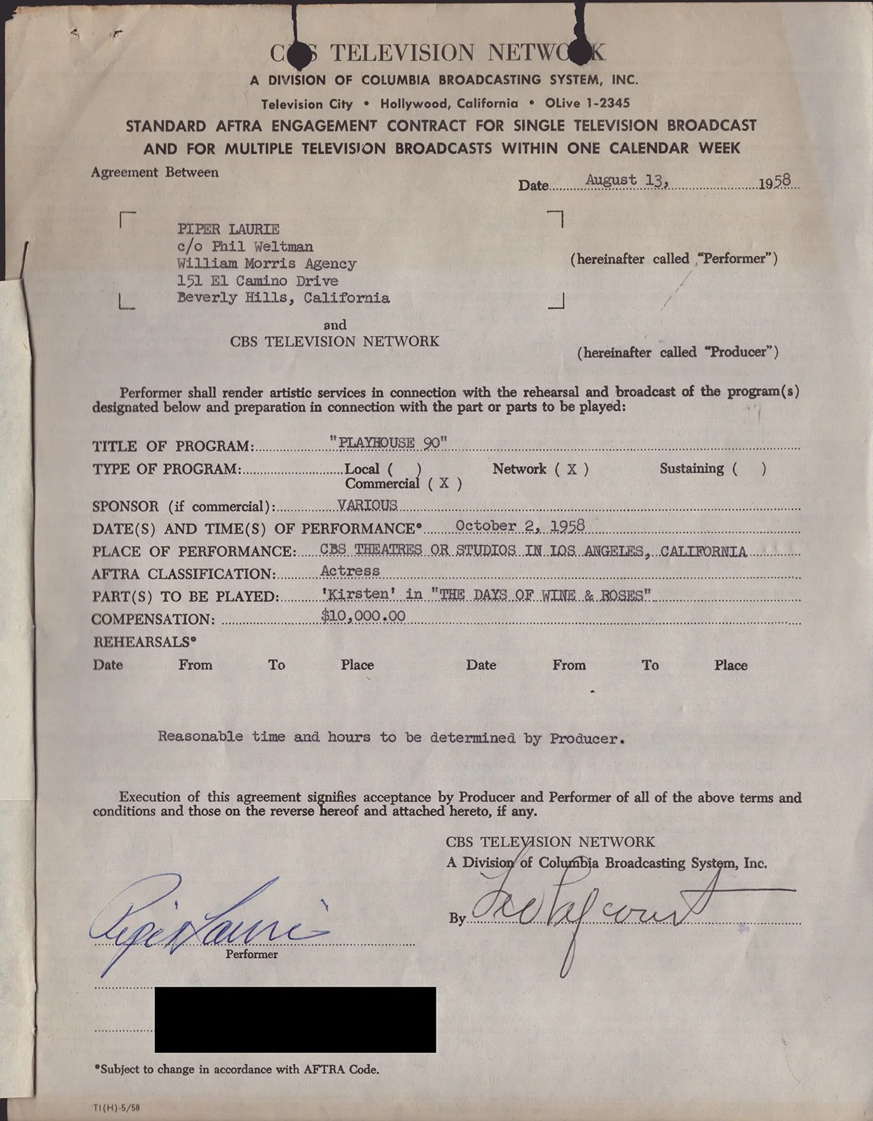 Piper Laurie — PIPER LAURIE - DOCUMENT SIGNED 08/13/1958, image 4