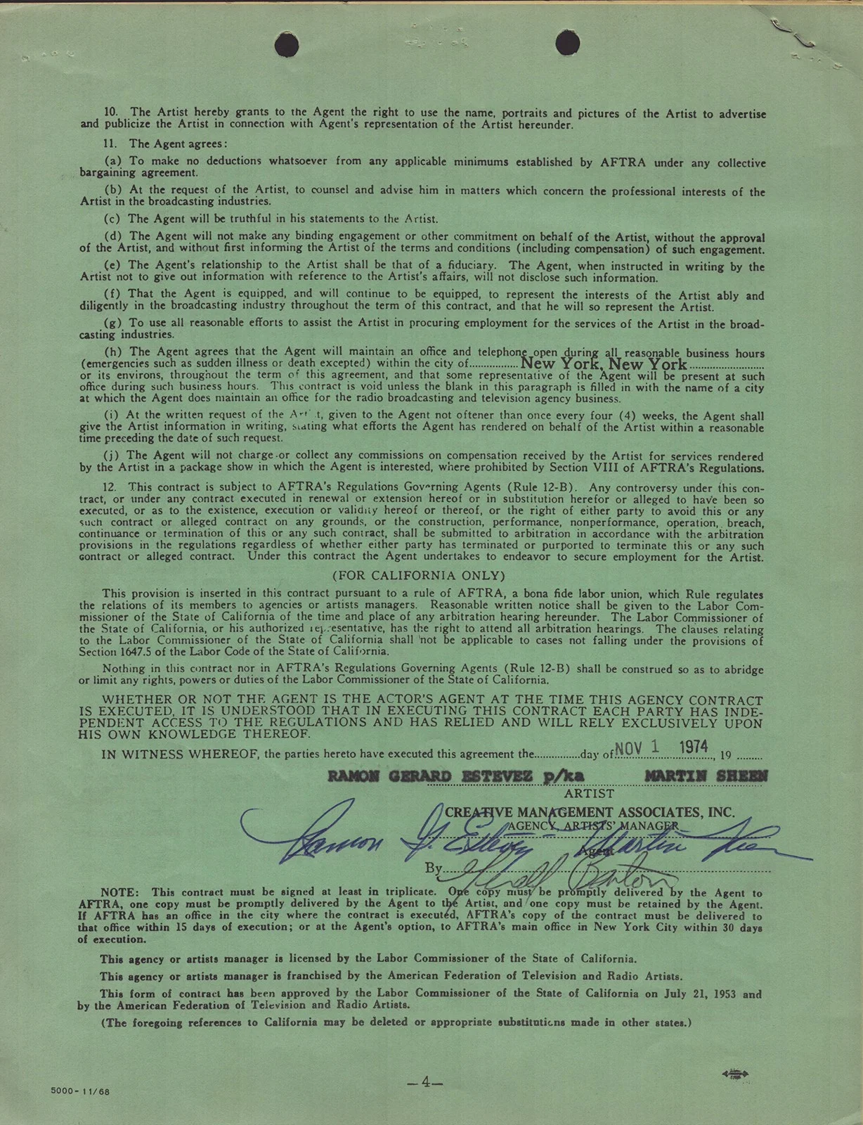 Martin Sheen — MARTIN SHEEN - DOCUMENT SIGNED 11/01/1974, image 5