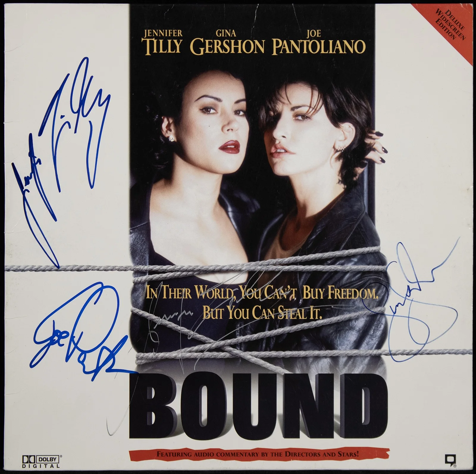 Gina Gershon, Joe Pantoliano, Jennifer Tilly — BOUND MOVIE CAST - LASER MEDIA COVER SIGNED WITH CO-SIGNERS