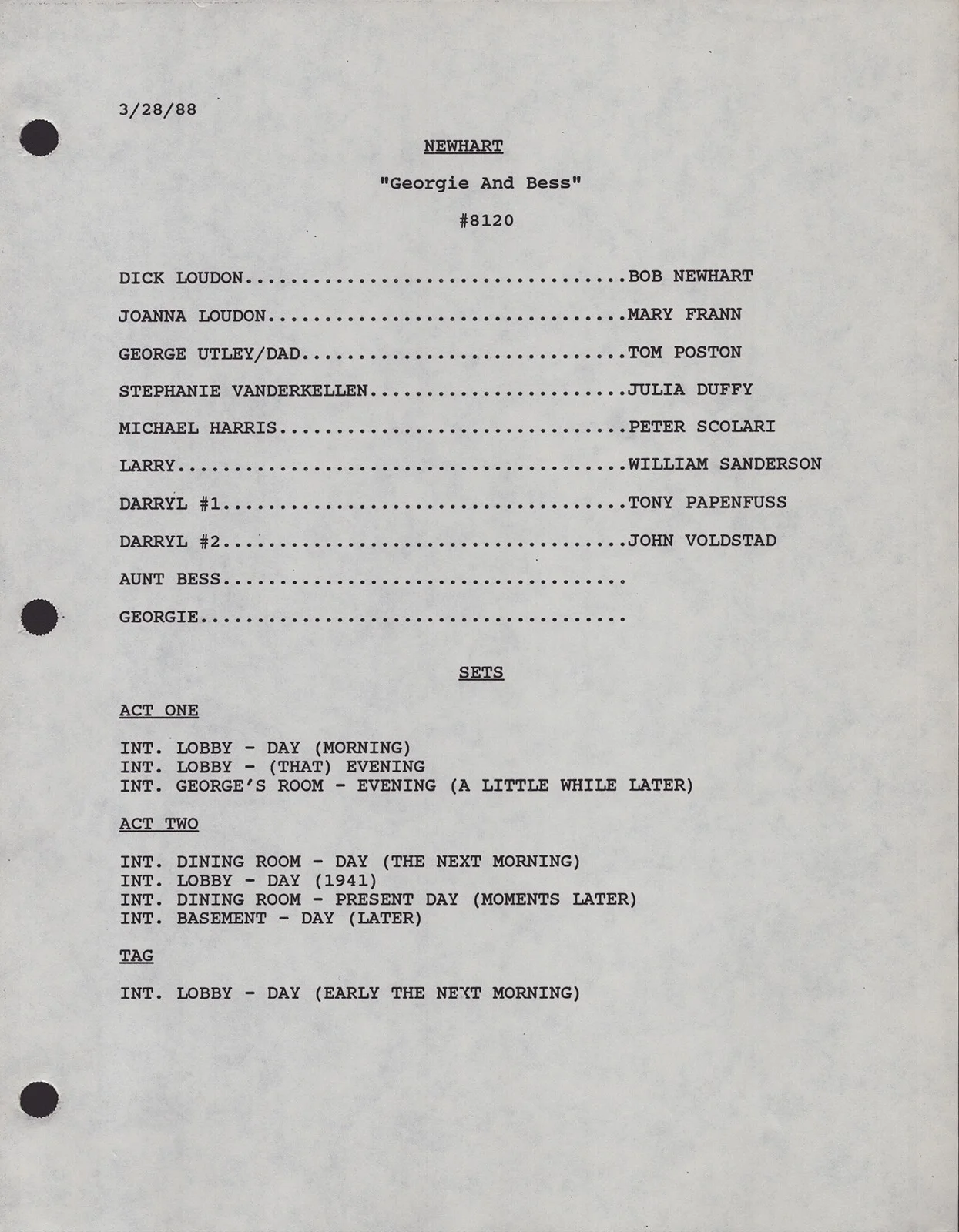 John Voldstad, Tony Papenfuss, William Sanderson — NEWHART TV CAST - SCRIPT SIGNED WITH CO-SIGNERS, image 2