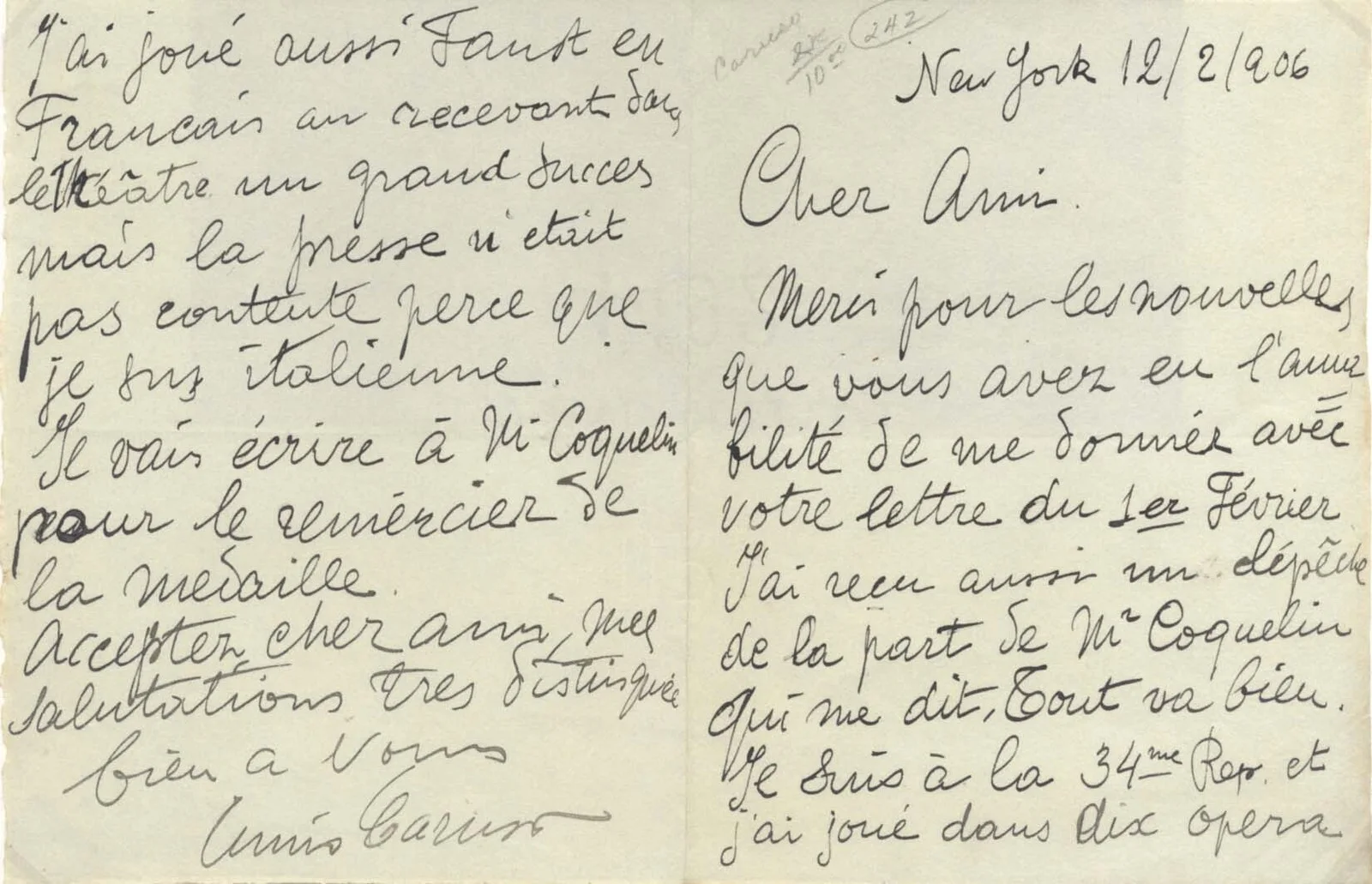 Enrico Caruso OPERATIC TENOR autograph letter signed & mounted, изображение 2