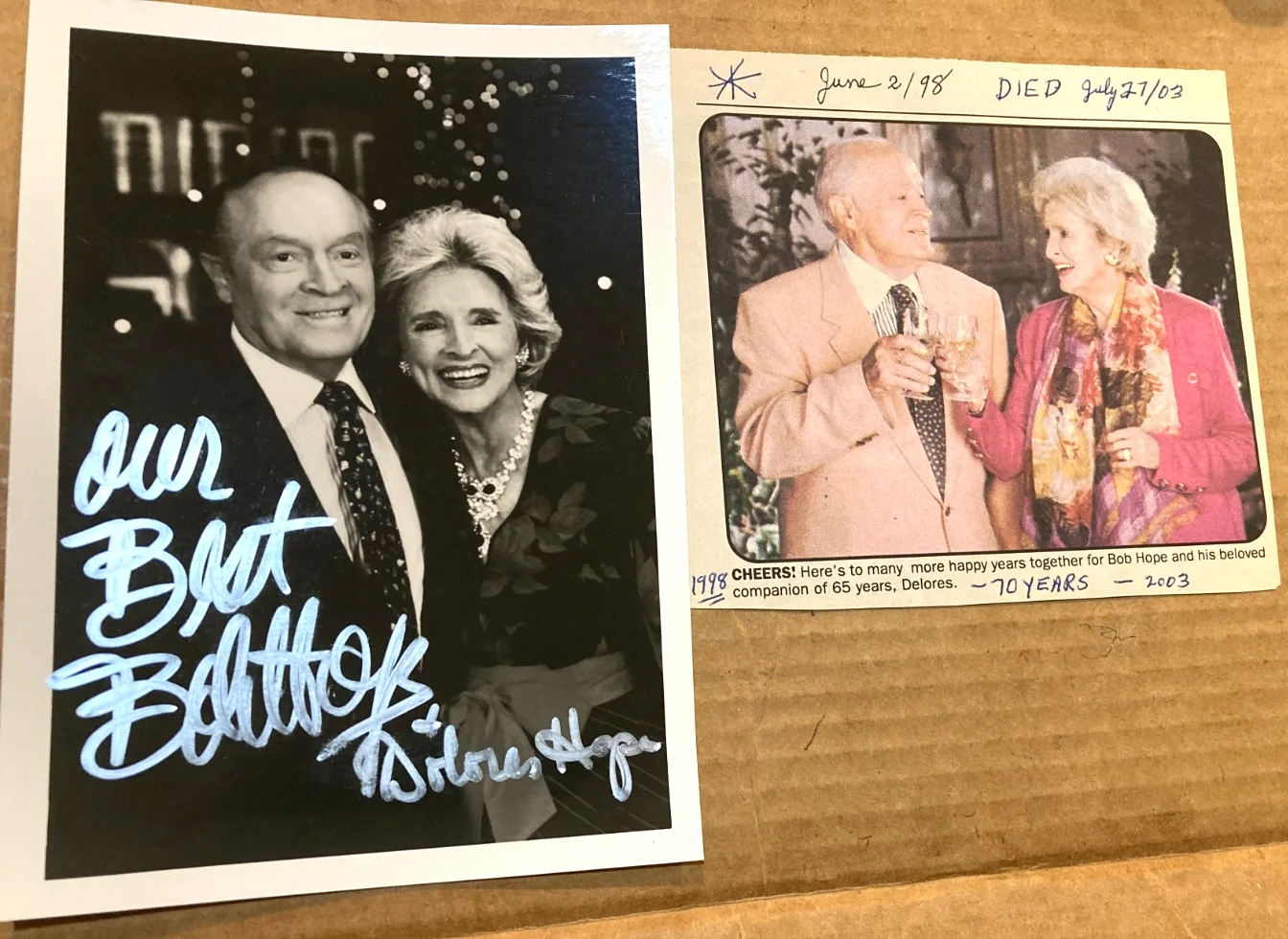DOLORES HOPE — VINTAGE DOLORES HOPE SIGNED AUTOGRAPH 5X7 B&W PHOTO WITH NEWSPAPER ARTICLE/CERT