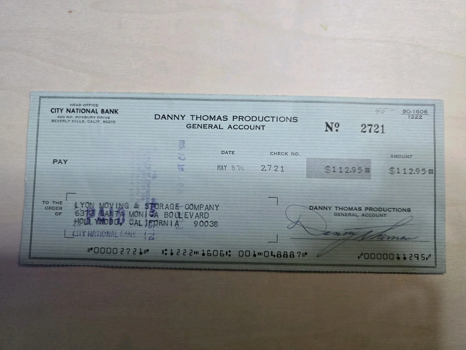 Danny Thomas — Danny Thomas Productions Signed Cancelled Check 1973 Vintage Hollywood TV Studio
