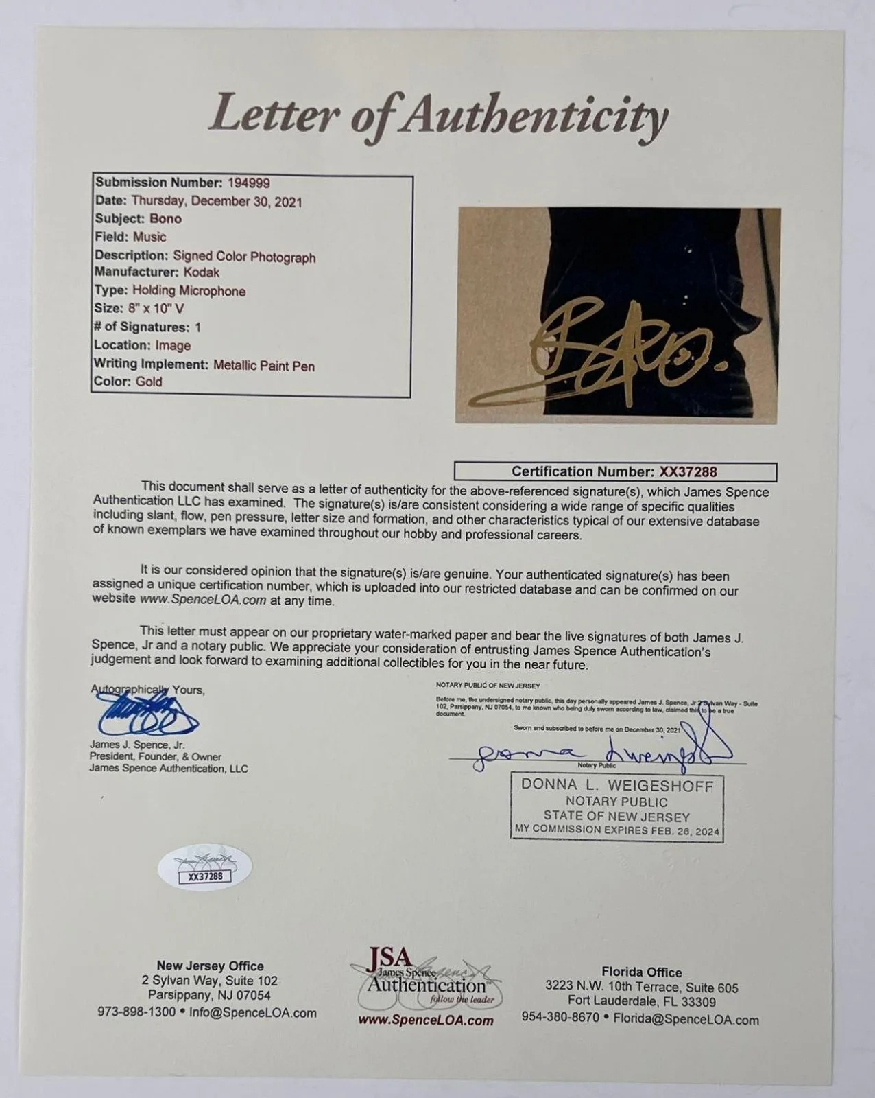 U2: Bono Signed 10" x 8" Photo (JSA Authentication), image 3