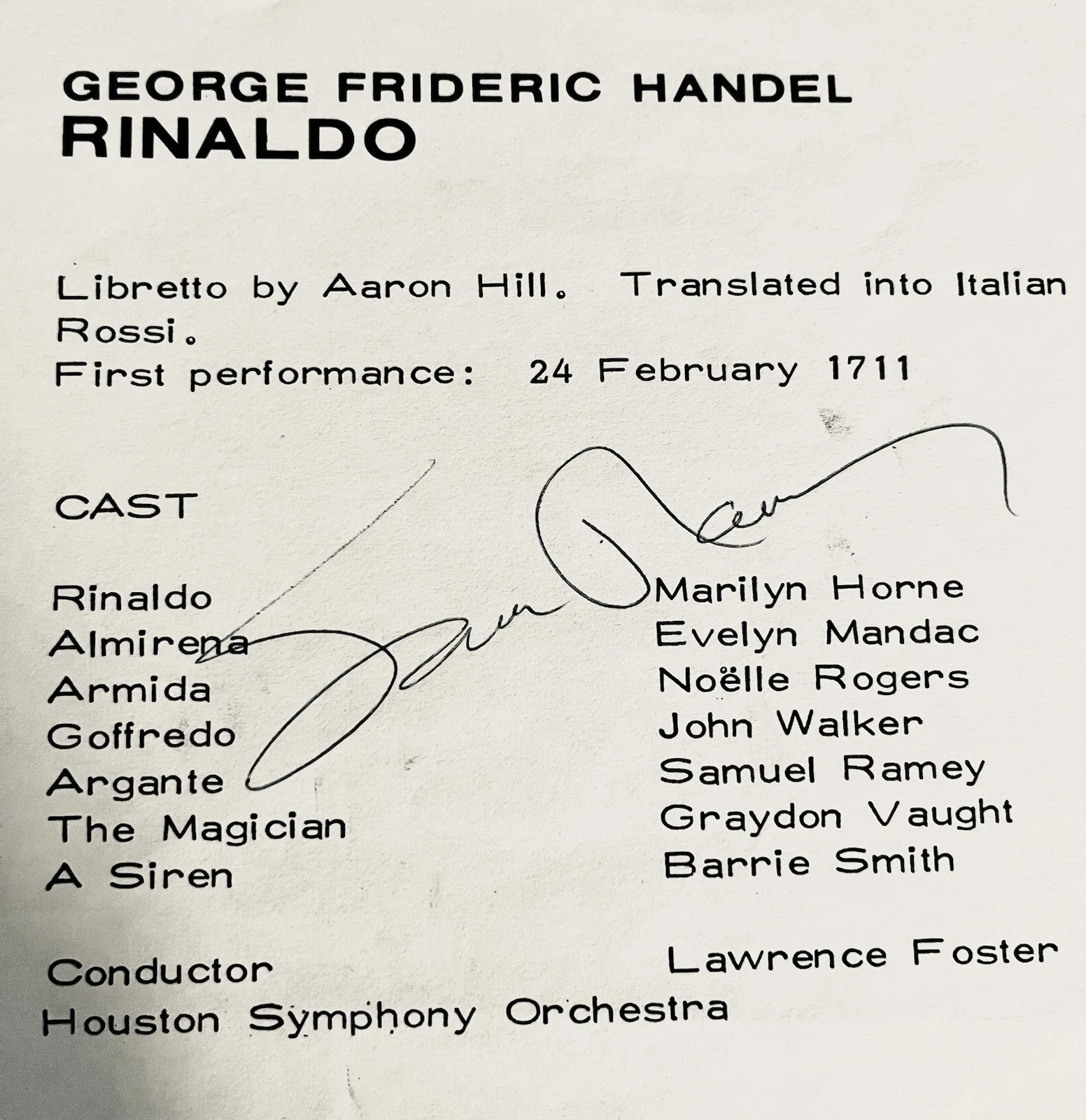 Samuel Ramey Autographed Booklet Page From Handel’s “Rinaldo” LP, image 2
