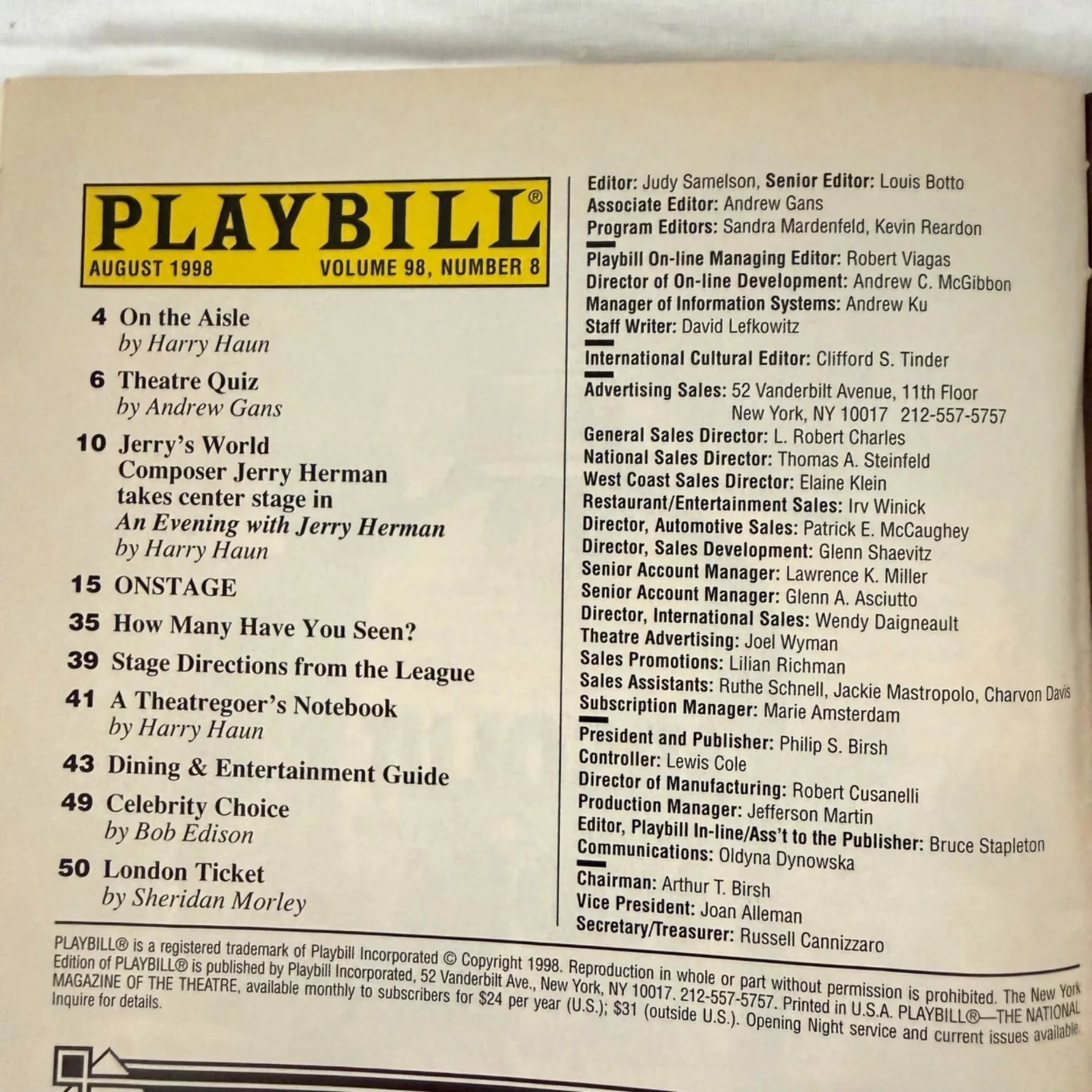 An Evening with Jerry Herman Playbill August 1998 Booth Theatre Broadway, изображение 2