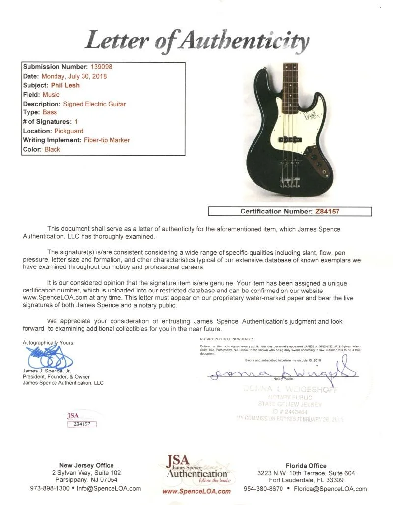 Phil Lesh — Phil Lesh Grateful Dead Signed Autograph Full Size Fender Bass Guitar w/ JSA COA, изображение 3