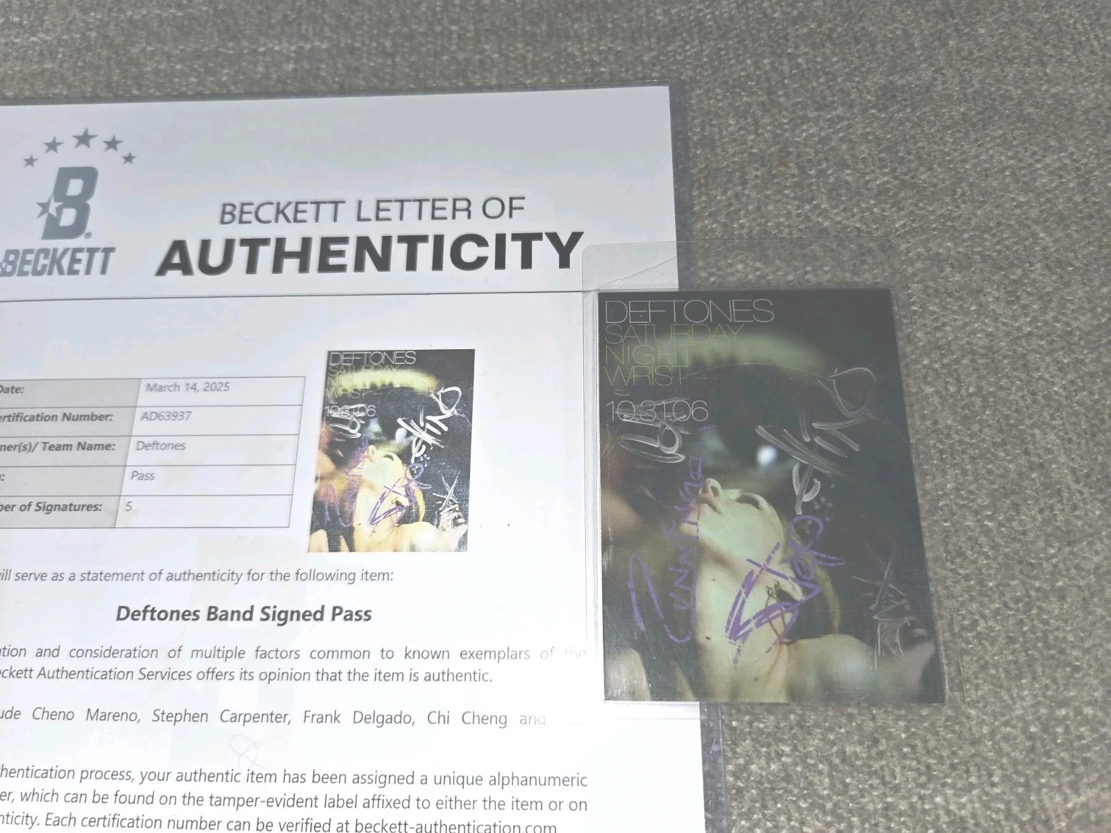 Deftones Autographed Pass (5 Original Members) Beckett Cert. Chi Cheng +4!! SNW, image 3
