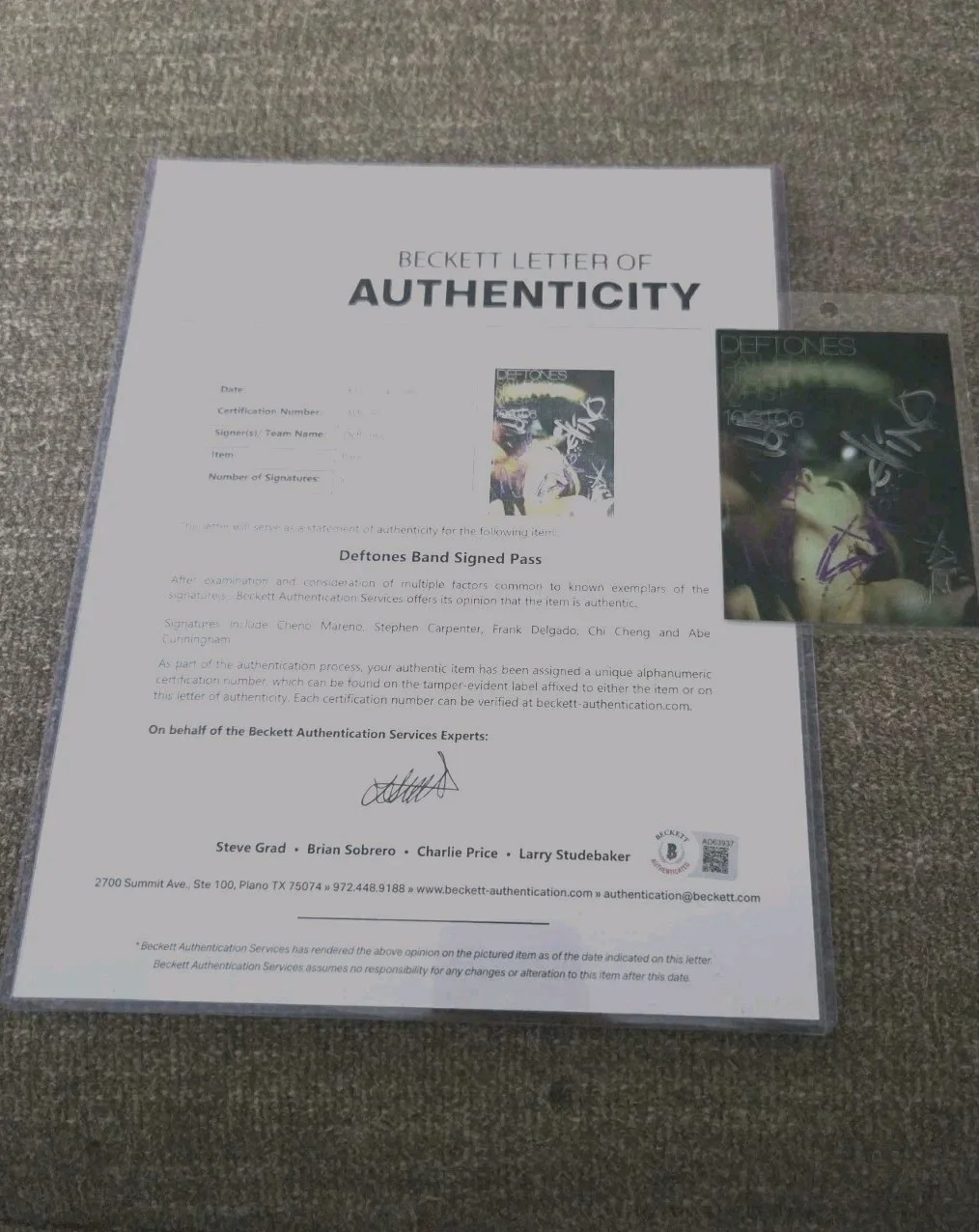 Deftones Autographed Pass (5 Original Members) Beckett Cert. Chi Cheng +4!! SNW, image 4