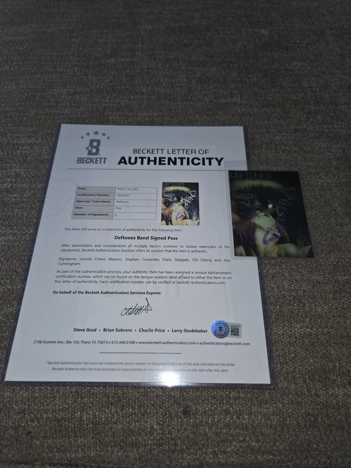 Deftones Autographed Pass (5 Original Members) Beckett Cert. Chi Cheng +4!! SNW, image 5