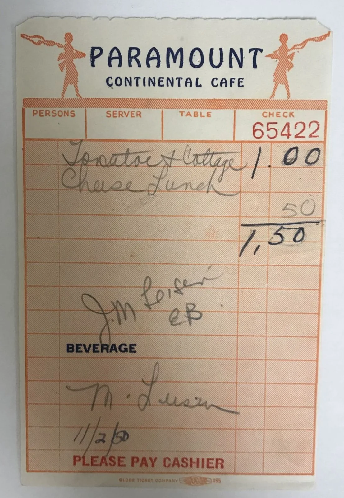 Paramount Studios Cafe Receipt Document Signed by Mitchell Leisen, Director 1950, image 2