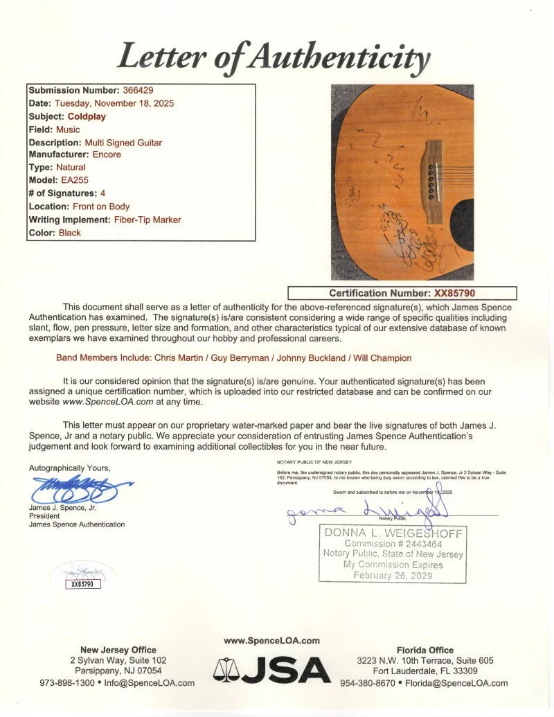 Guy Berryman, Jonny Buckland, Will Champion, Chris Martin — Coldplay Band Signed Autograph Acoustic Guitar - Chris Martin Guy Jonny Will JSA, изображение 3