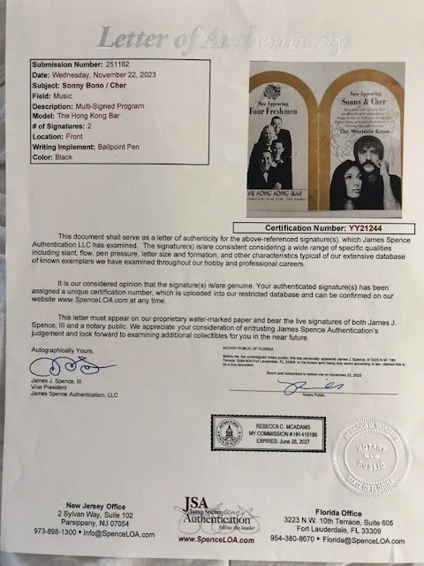 SONNY & CHER SIGNED PROGRAM LOA JSA, image 2