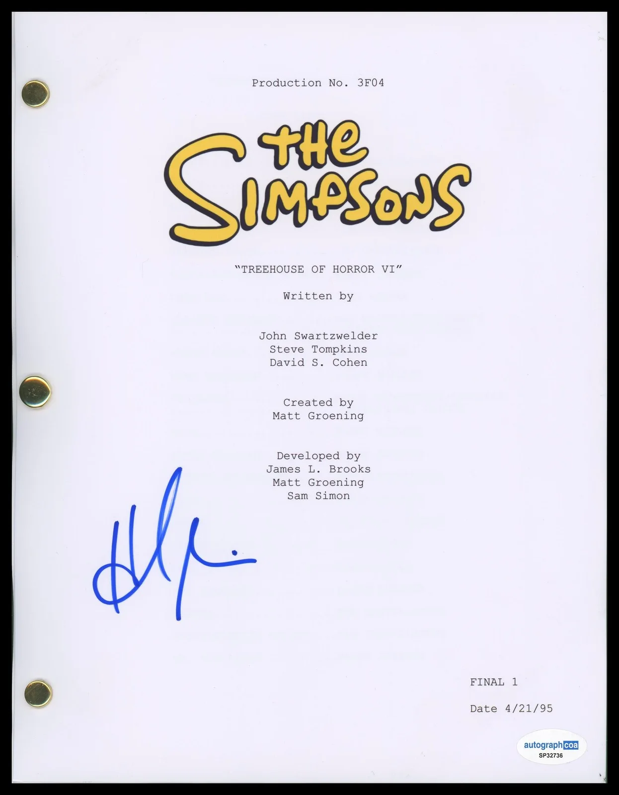 Hank Azaria — Hank Azaria "The Simpsons" AUTOGRAPH Signed 'Treehouse of Horror VI' Script ACOA