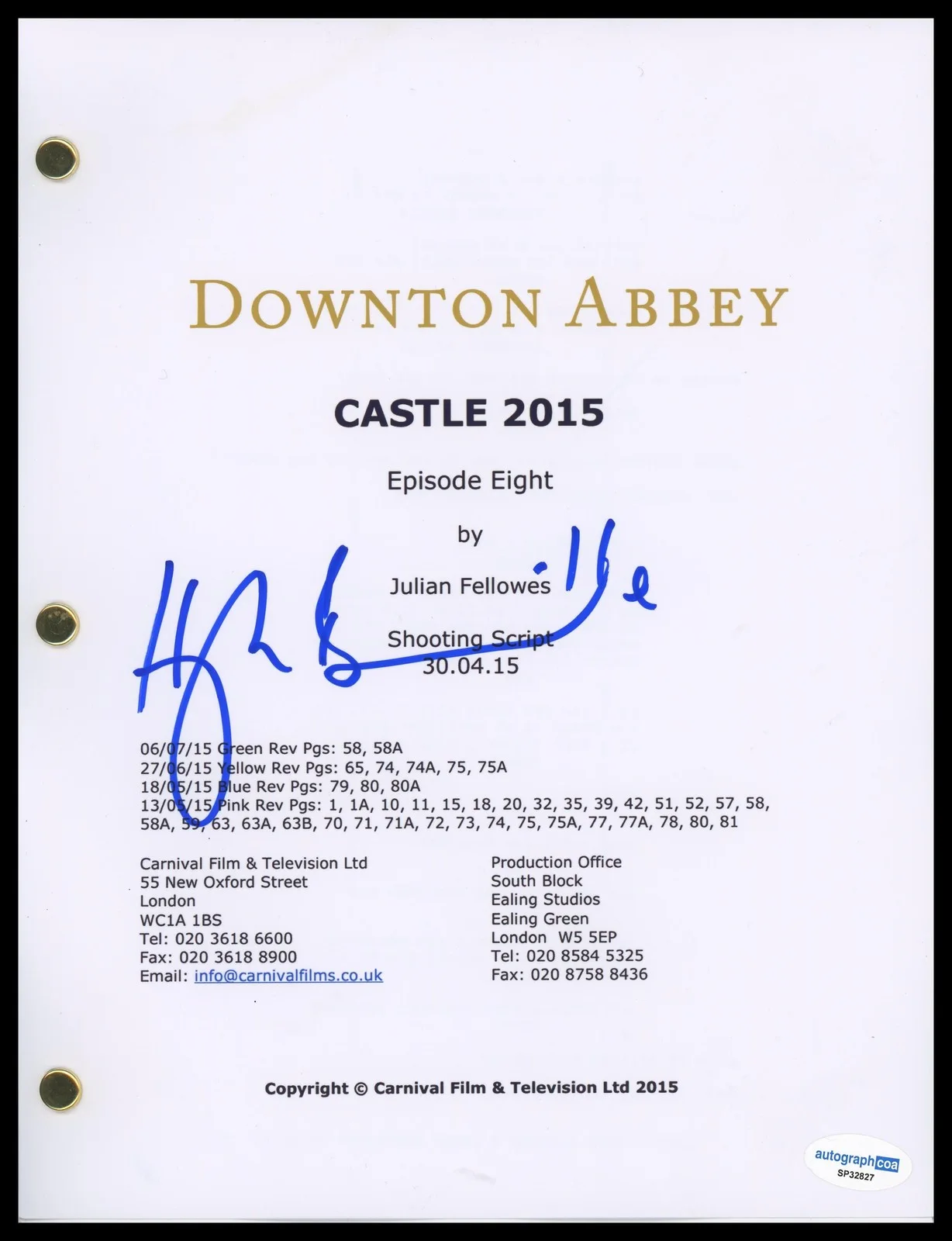 Hugh Bonneville — Hugh Bonneville "Downton Abbey" AUTOGRAPH Signed 'Robert' Episode Script ACOA