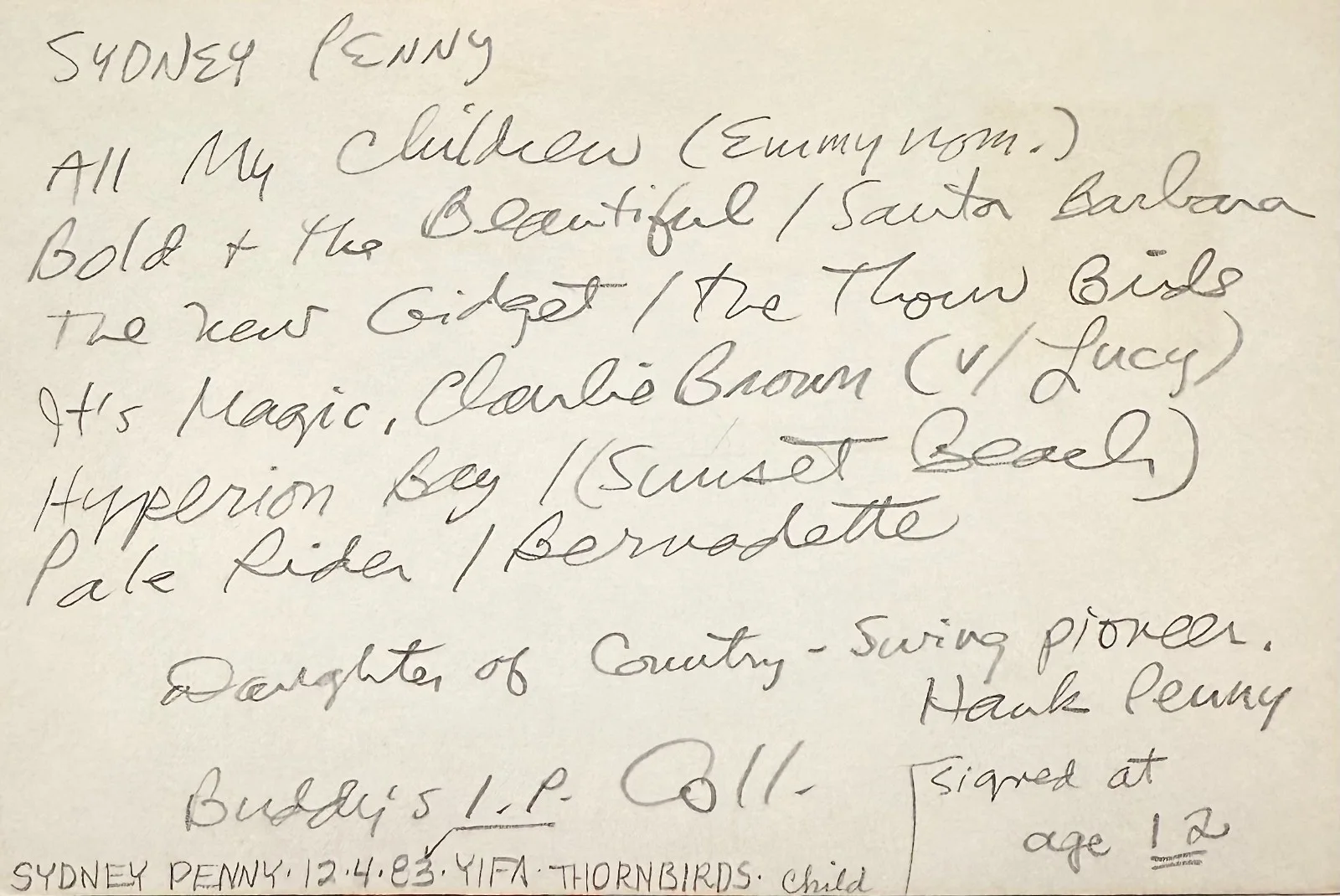 Sydney Penny — SYDNEY PENNY Signed Autograph 4x6 INDEX CARD All My Children PALE RIDER AGE 12, изображение 2