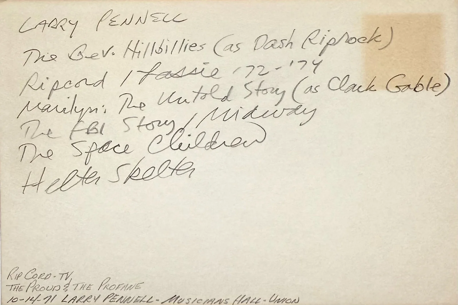 Larry Pennell — LARRY PENNELL Signed Autographed 4x6 INDEX CARD The Beverly Hillbillies RIPCORD, изображение 2