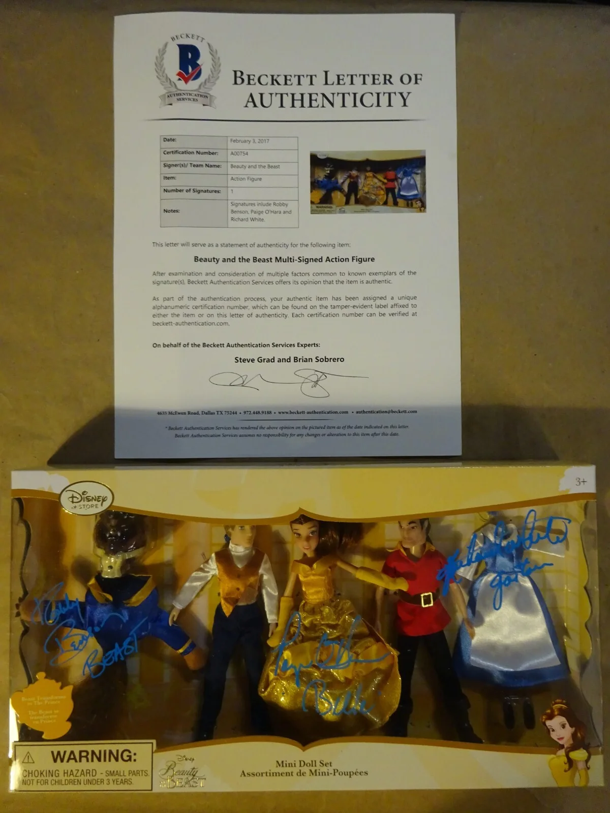 Paige O'Hara, Robby Benson, Richard White — Signed Paige O'Hara Robby Benson Richard White Beauty And The Beast Figures BAS