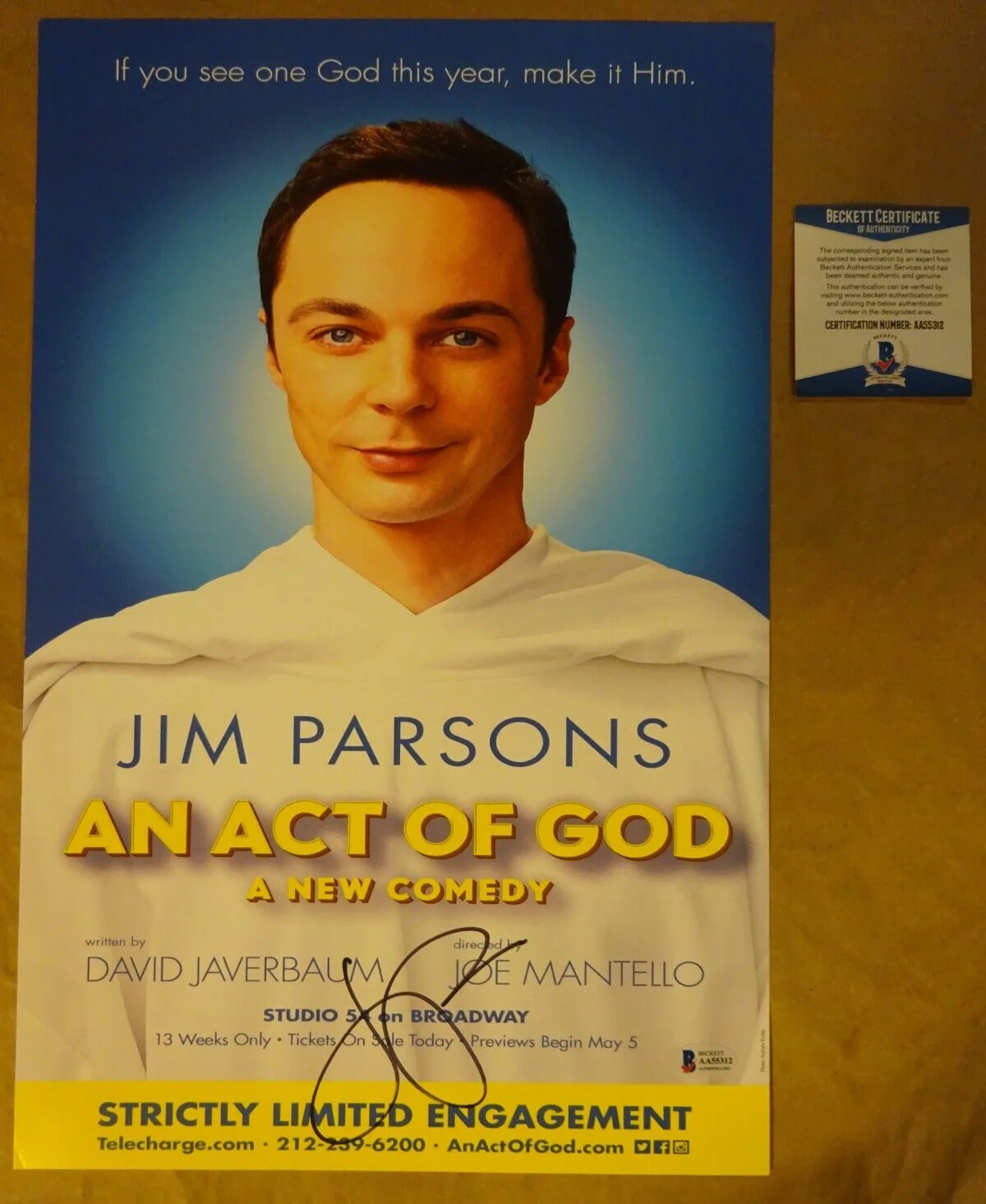 Jim Parsons — Signed Jim Parsons Autographed An Act Of God Photo 11"x17" Beckett BAS COA
