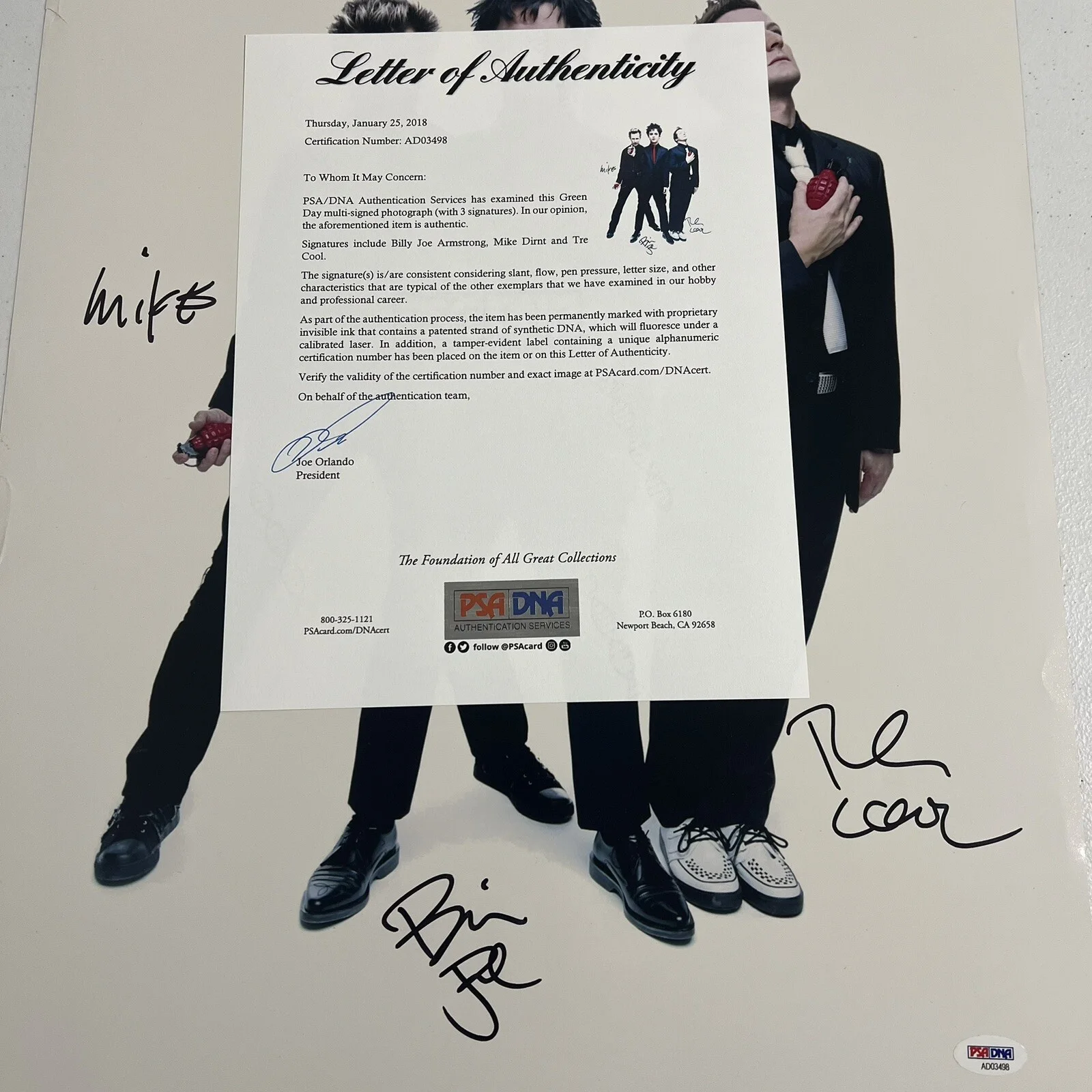 Green Day Signed Autographed 16x20 Photo Billie Joe Mike Tre PSA DNA LOA Rare, изображение 2