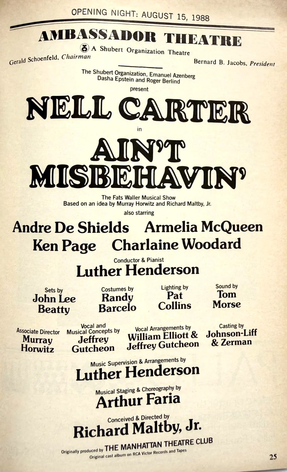 NEL CARTER — AIN'T MISBEHAVIN' NELL CARTER SIGNED OPENING NIGHT 1988 PLAYBILL THE AMBASSADOR, изображение 3