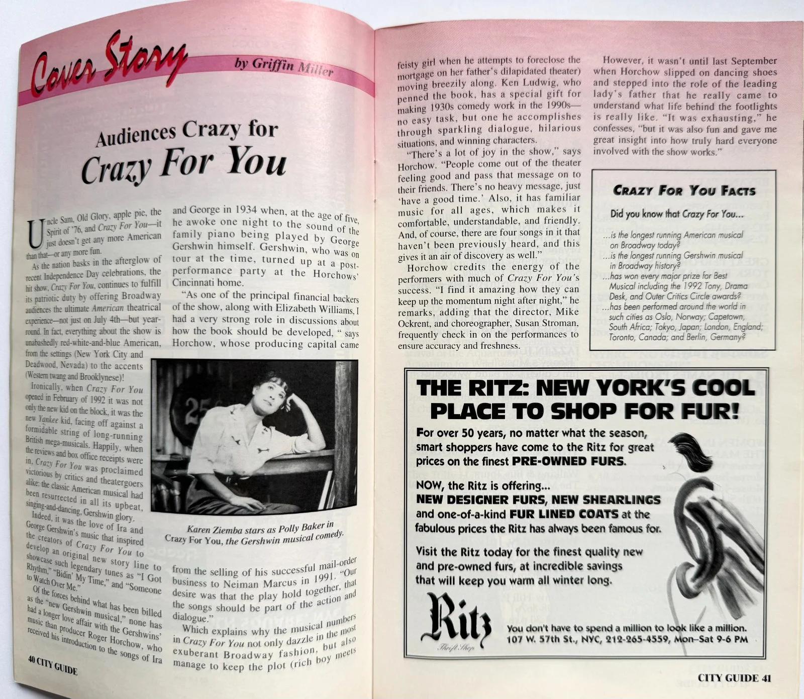 "CRAZY FOR YOU" KAREN ZIEMBA &JIM BRENNAN SIGNED 1995 CITY GUIDE MAGAZINE, изображение 3