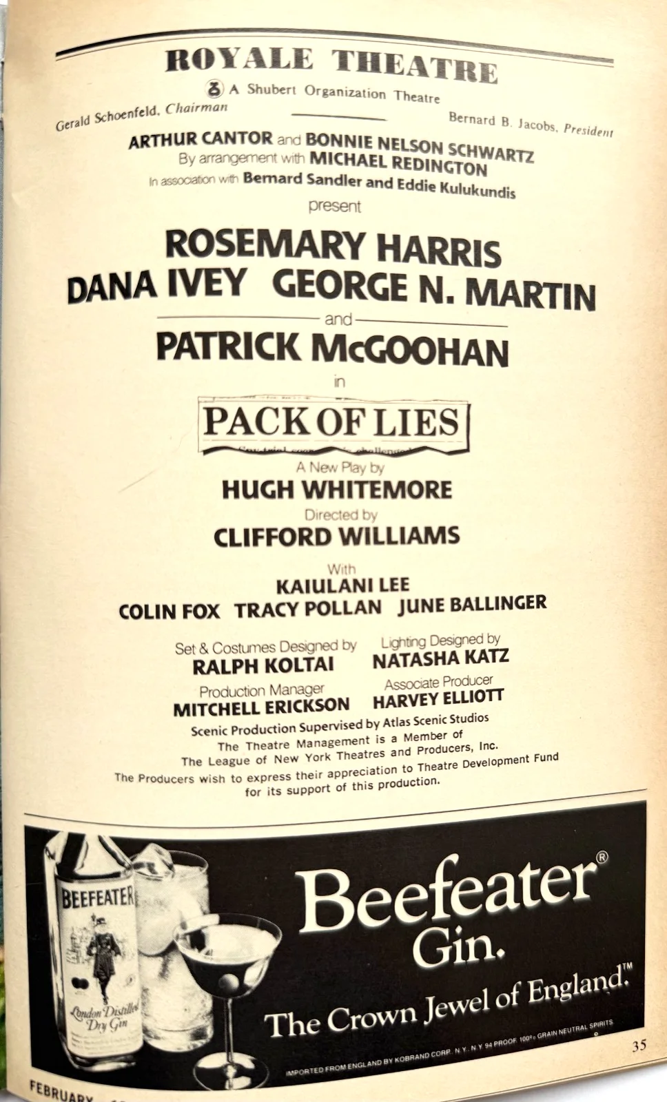CAST — "PACK OF LIES" CAST SIGNED 1985 PLAYBILL THE ROYAL THEATRE 4 CAST SIGNATURES, изображение 2