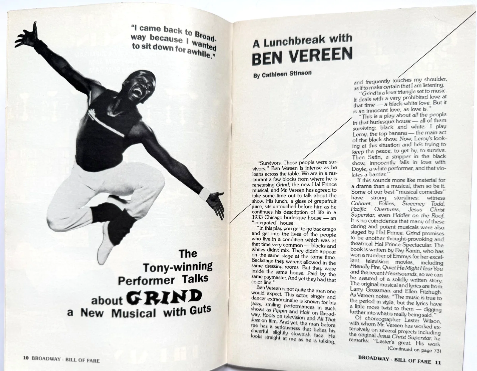 BEN VEREEN — "GRIND" BEN VEREEN SIGNED 1985 BROADWAY BILL OF FARE MAGAZINE AUTOGRAPHED COVER, изображение 2