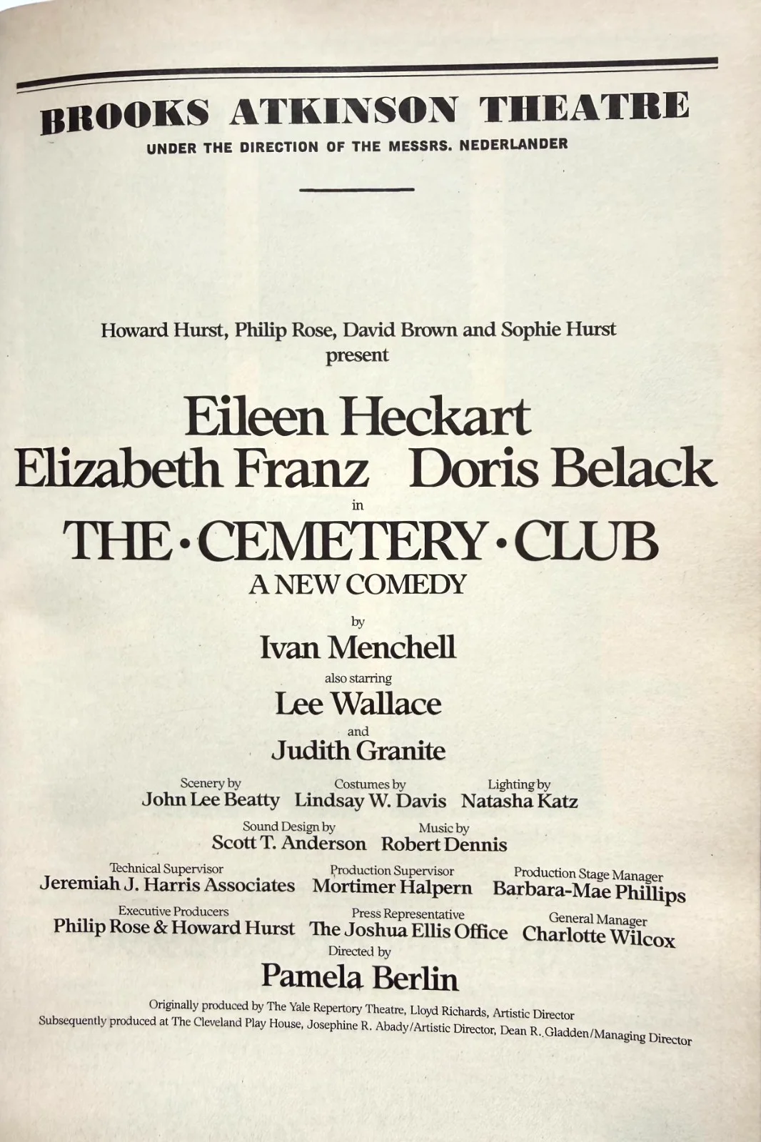 CAST — "THE CEMETERY CLUB" 5 CAST SIGNATURES 1990 PLAYBILL THE BROOK ATKINSON THEATRE, изображение 2