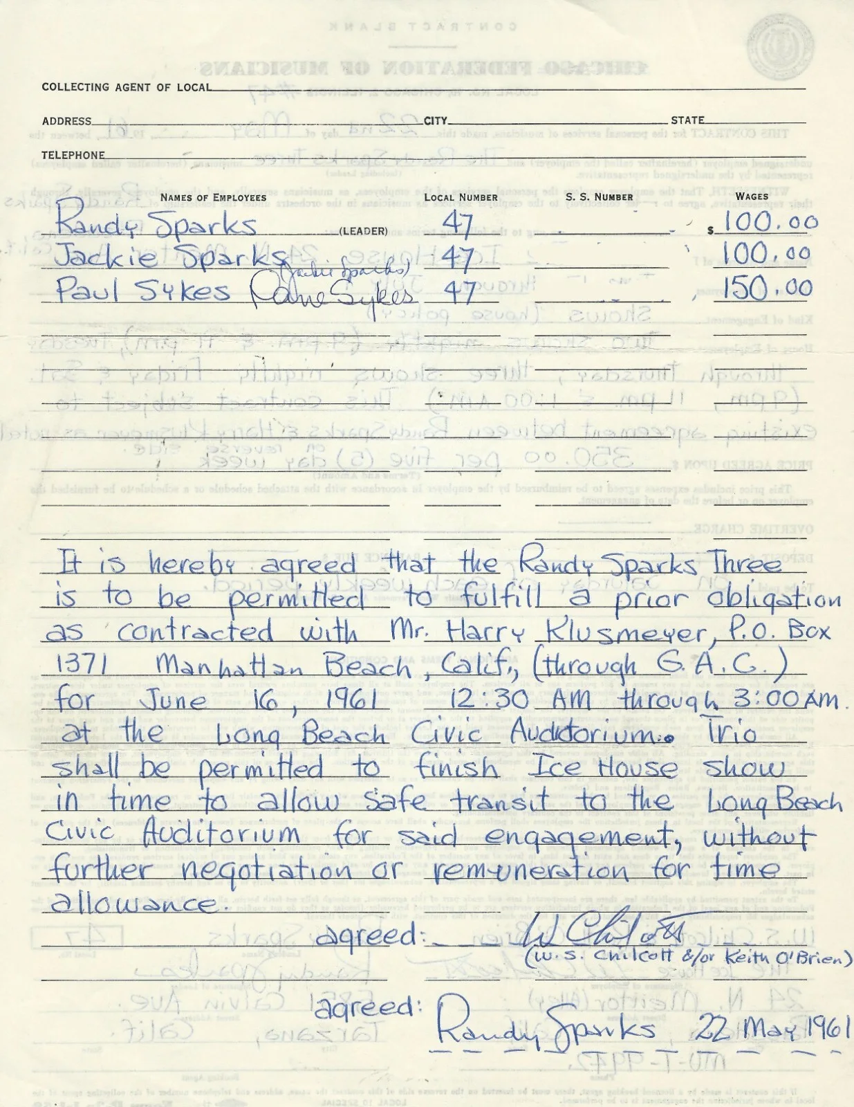 Contract/Document: AFM Randy Sparks Autographed Signed 1961, image 2