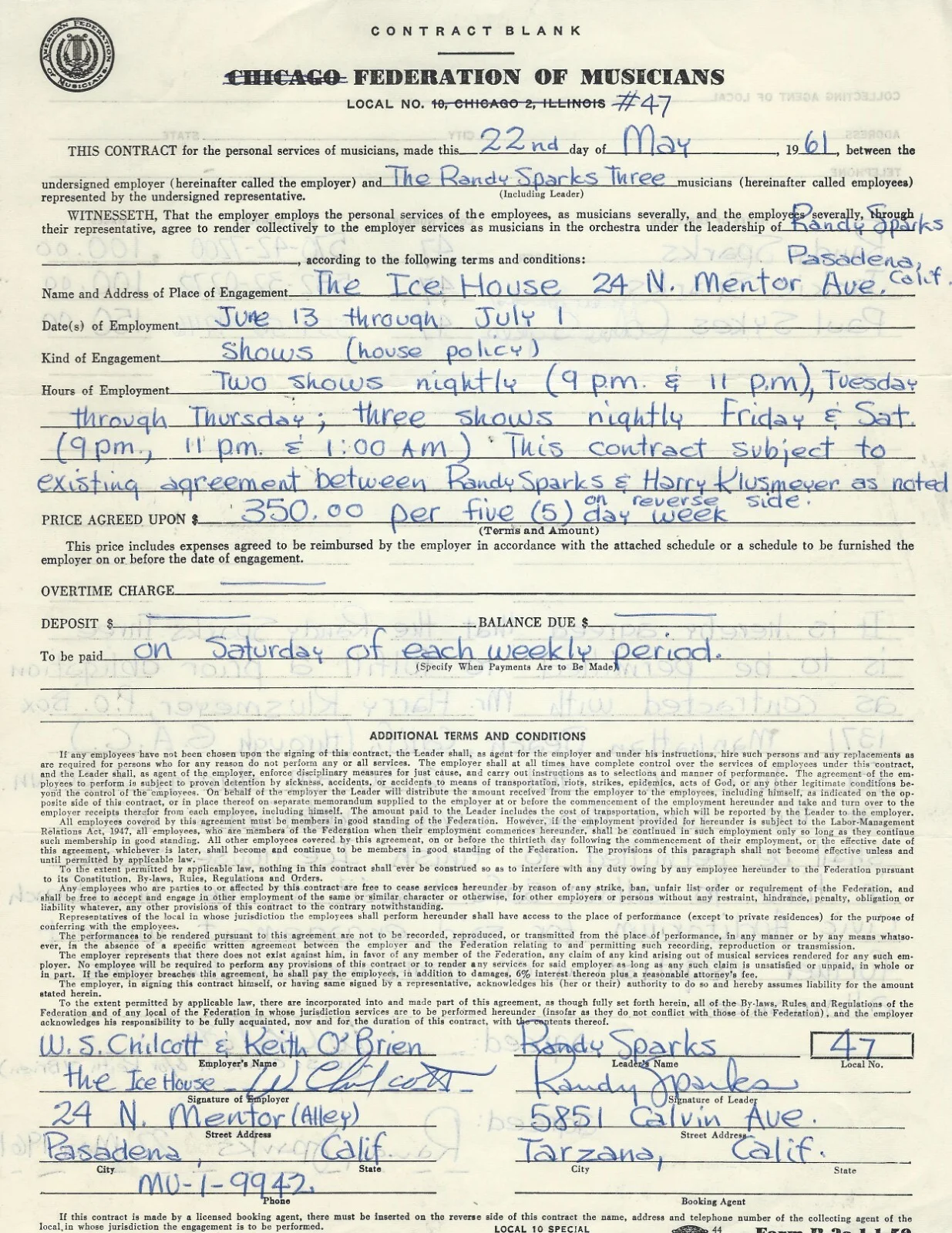 Contract/Document: AFM Randy Sparks Autographed Signed 1961, image 3