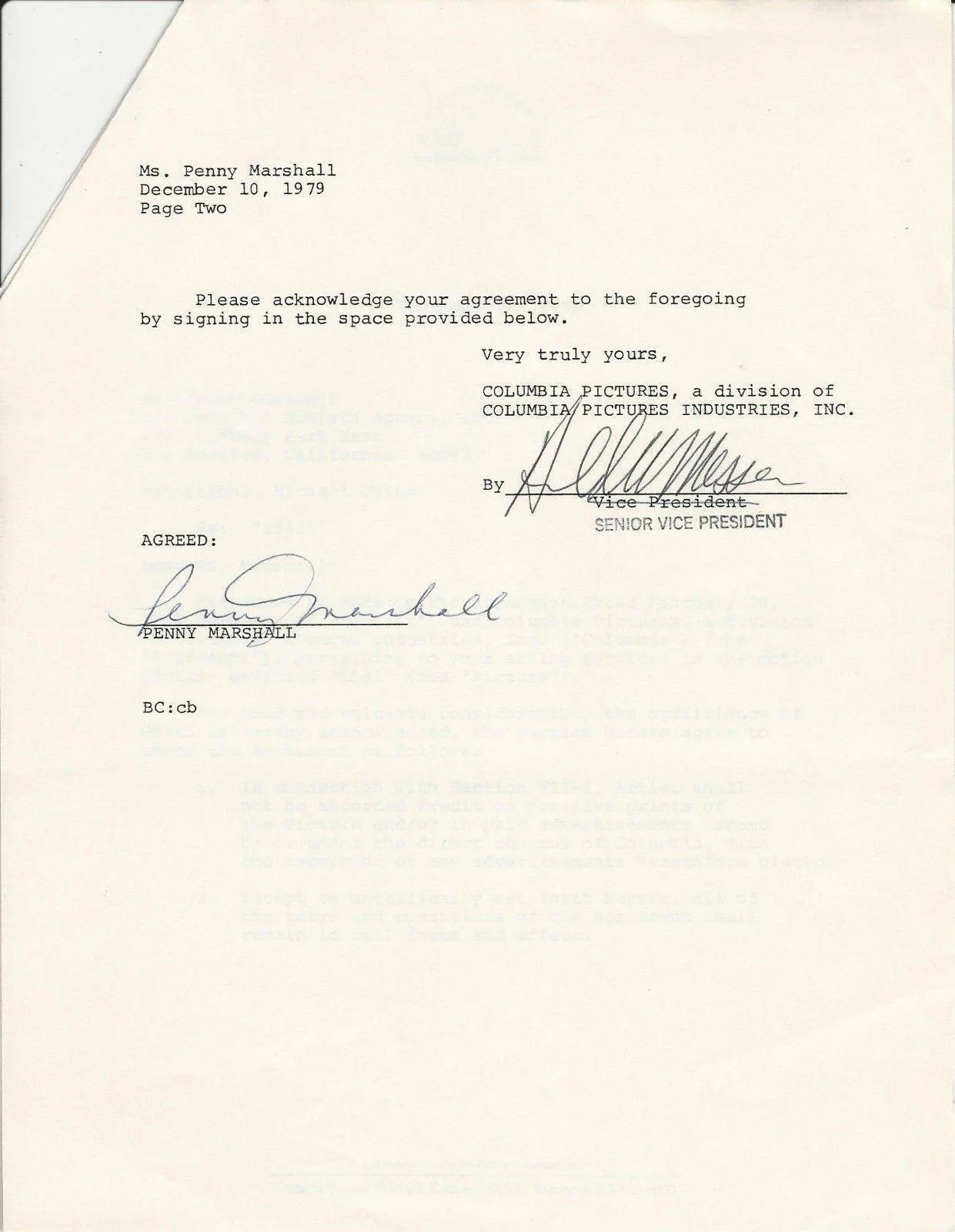 1979 PENNY MARSHALL Signed Contract Amendment for Columbia Pictures Movie "1941", изображение 2