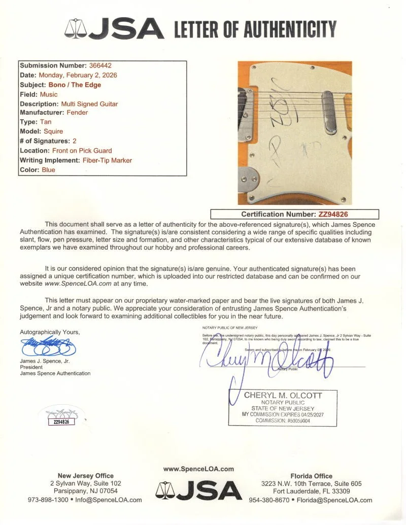 Bono, The Edge — Bono & The Edge U2 Signed Autograph Telecaster Guitar - Joshua Tree w/ JSA COA, изображение 3