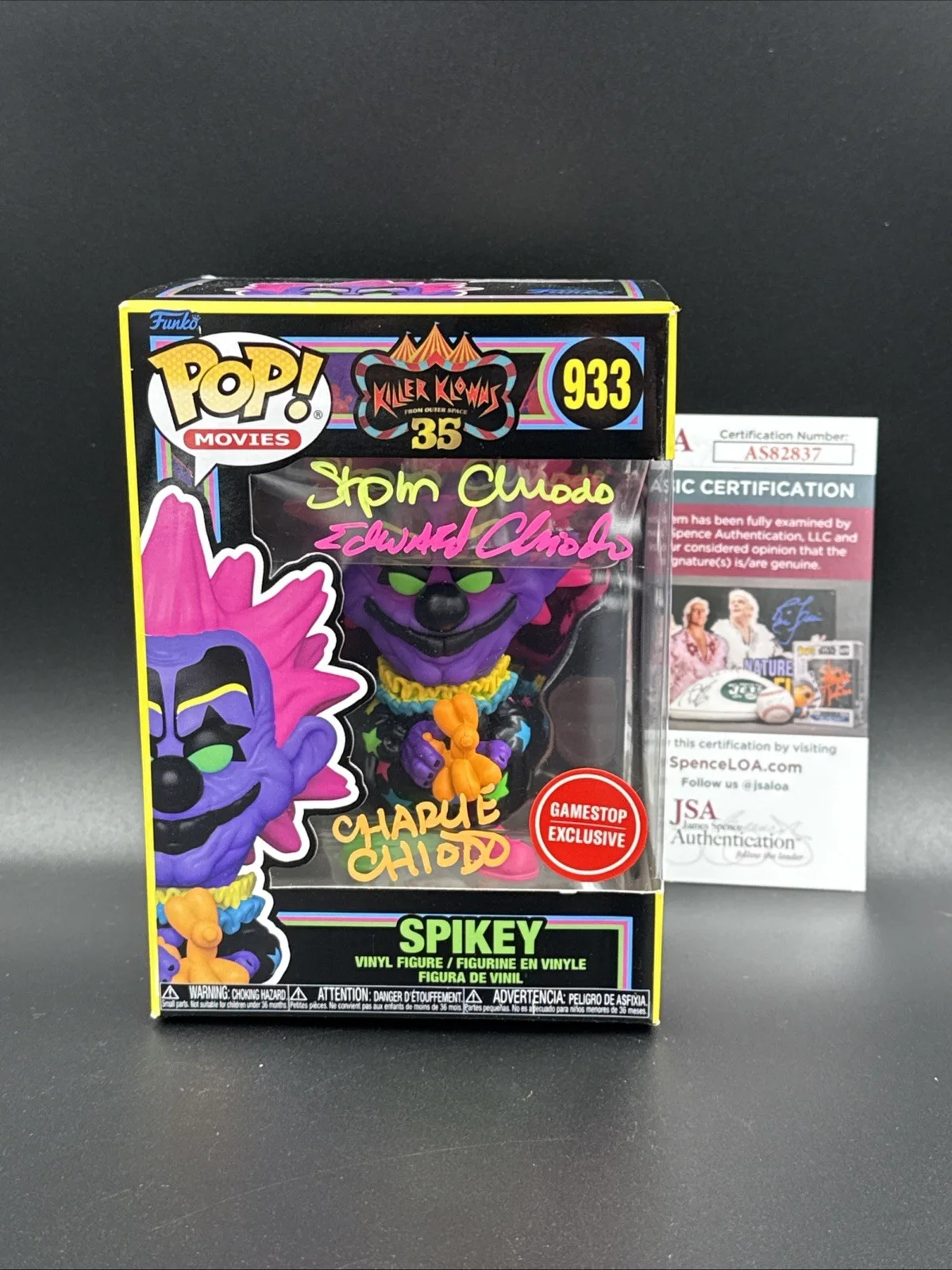 Stephen, Charles, Edward Chiodo — Chiodo Brothers signed Killer Klowns Blacklight Spiked Funko Pop JSA