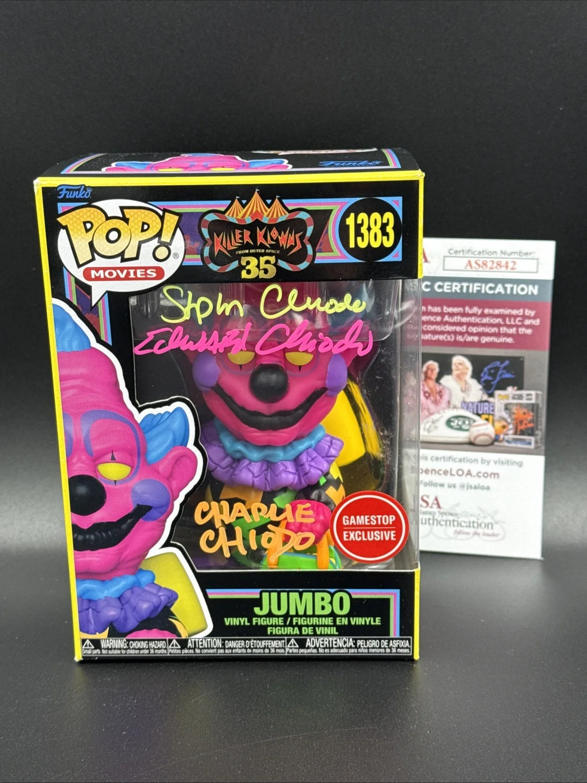 CHARLES CHIODO, EDWARD CHIODO and STEPHEN CHIODO — The Chiodo Brothers signed Jumbo Blacklight Excl Funko Pop Killer Klowns JSA COA
