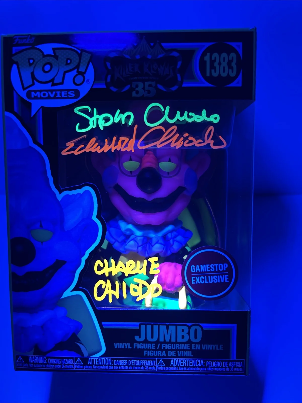 CHARLES CHIODO, EDWARD CHIODO, STEPHEN CHIODO — The Chiodo Brothers signed Jumbo Blacklight Excl Funko Pop Killer Klowns JSA COA, image 2
