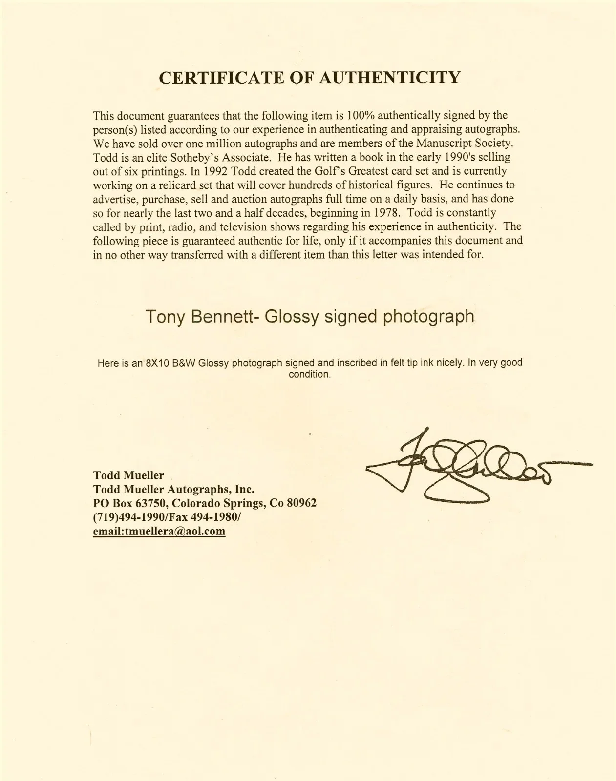 TONY BENNETT HAND SIGNED PHOTO SINGER" I LEFT MY HEART IN SAN FRANCISCO" 8x10, изображение 3