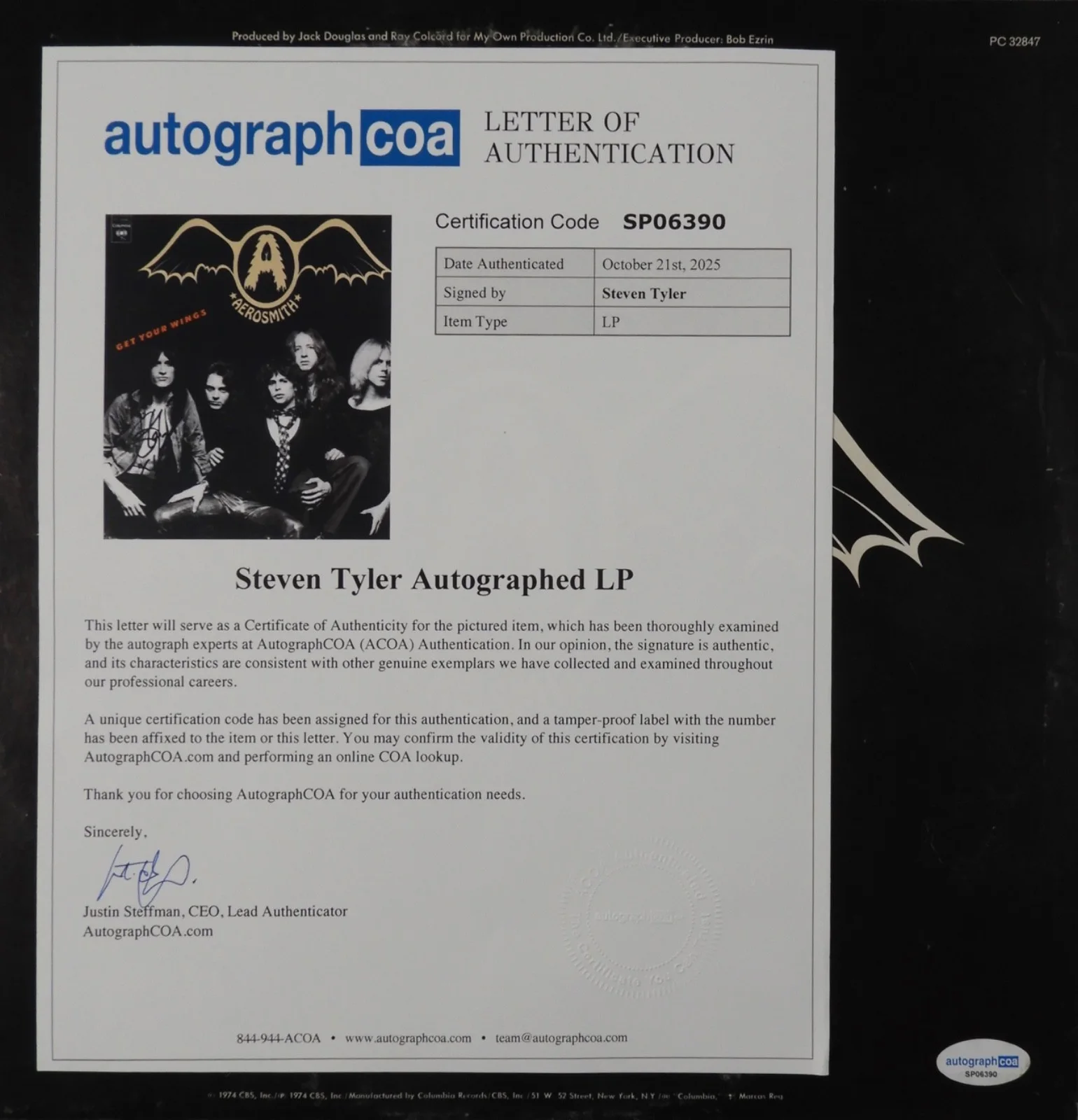 Steven Tyler Aerosmith ACOA Signed Autograph Album Record Vinyl Get Your Wings, image 3