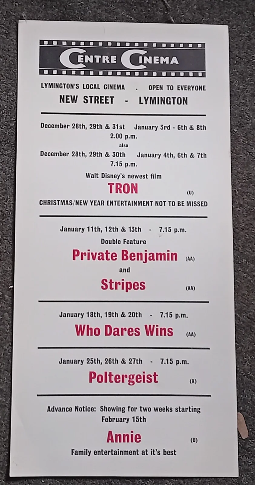 Eight 1980's Centre Cinema Lymington Window Card Posters, image 2