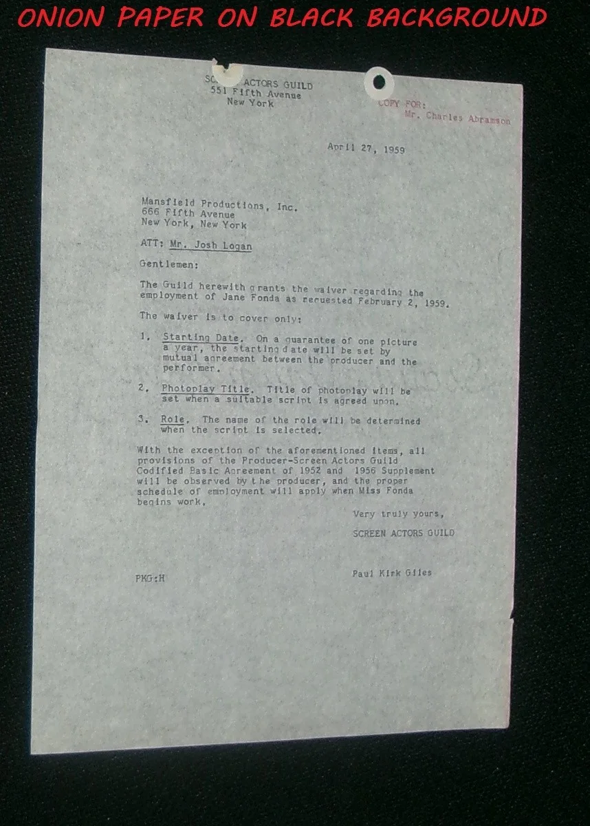 JANE FONDA Letter to Logan & Abramson Signed PAUL KIRK GILES SCREEN ACTORS GUILD, изображение 2