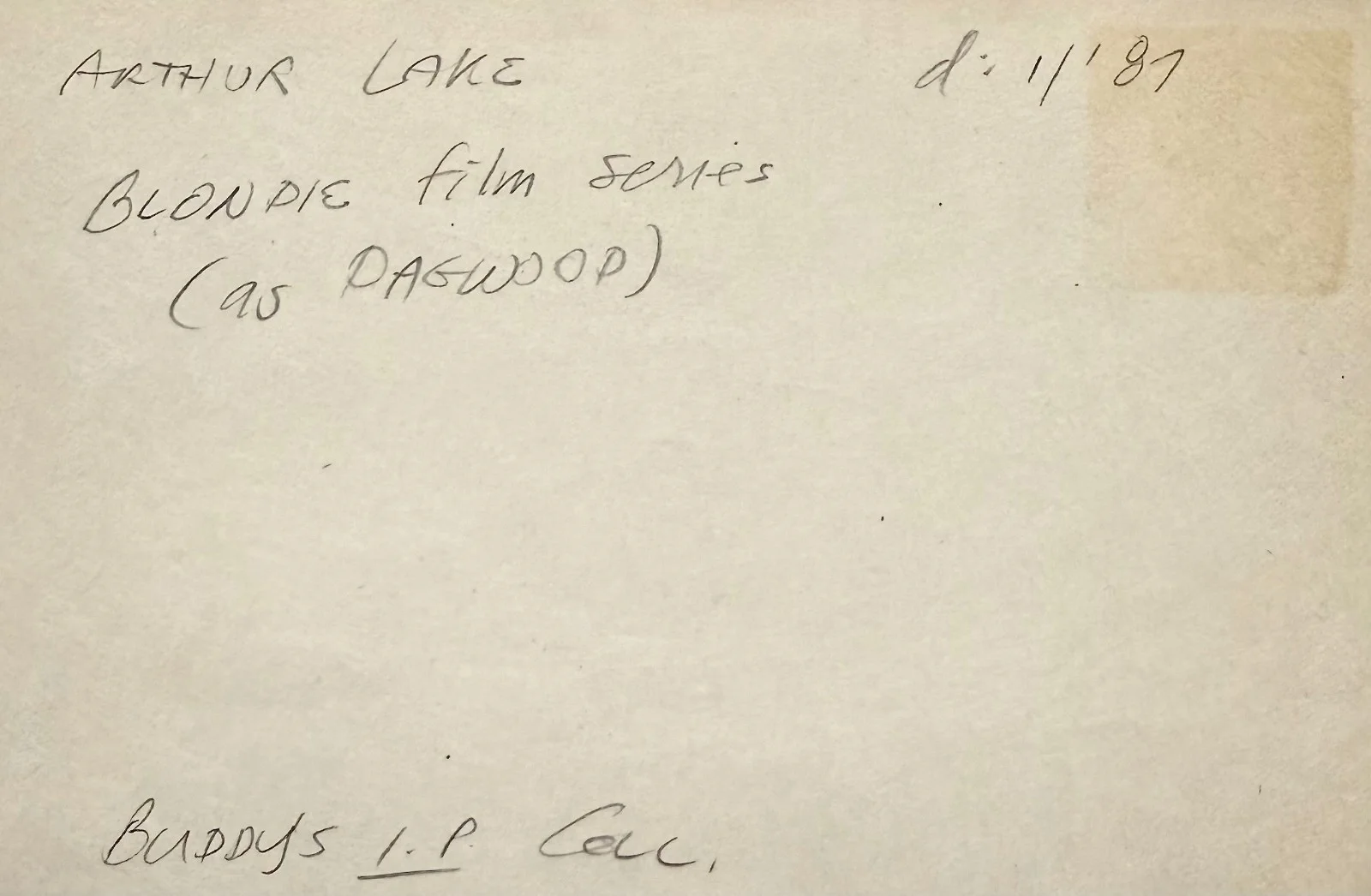 Arthur Lake — ARTHUR LAKE Signed Autographed 4"x 6" INDEX CARD Dagwood BLONDIE 16 Fathoms Deep, изображение 2