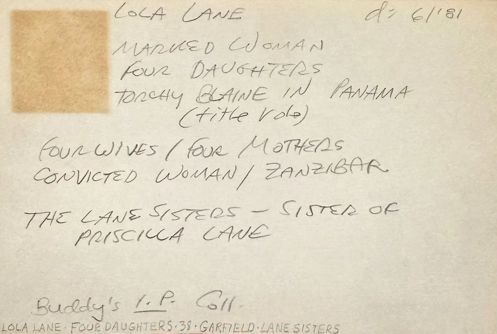 Lola Lane — LOLA LANE Signed Autograph 4x6 INDEX CARD Four Wives Marked Woman Four Daughters, изображение 2
