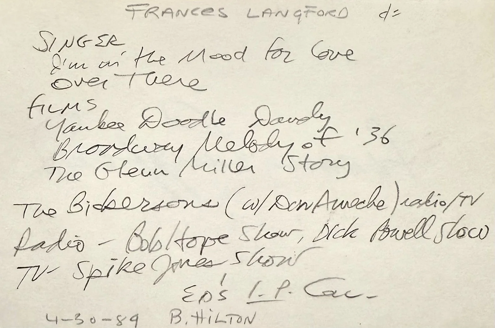 Frances Langford — FRANCES LANGFORD Signed Autograph 4x6 INDEX CARD Every Night at Eight GIRL RUSH, image 2